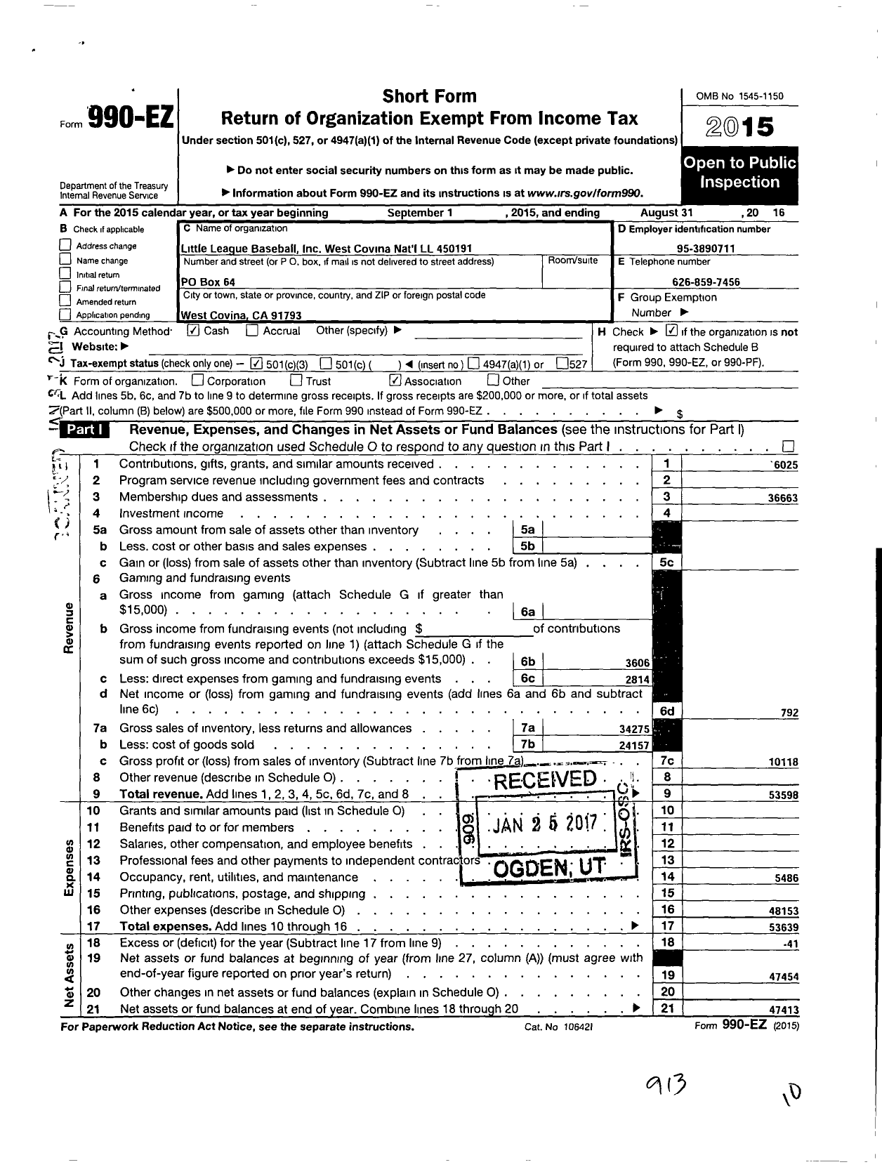 Image of first page of 2015 Form 990EZ for Little League Baseball - 4051914 West Covina National LL