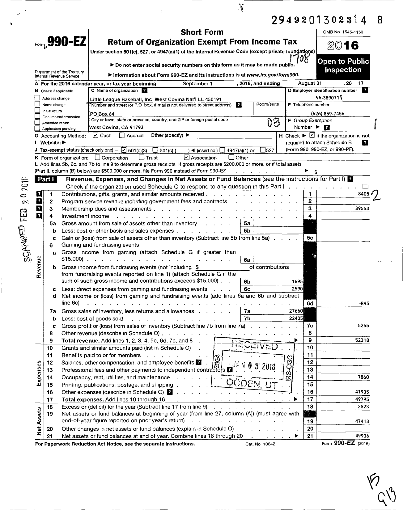 Image of first page of 2016 Form 990EZ for Little League Baseball - 4051914 West Covina National LL