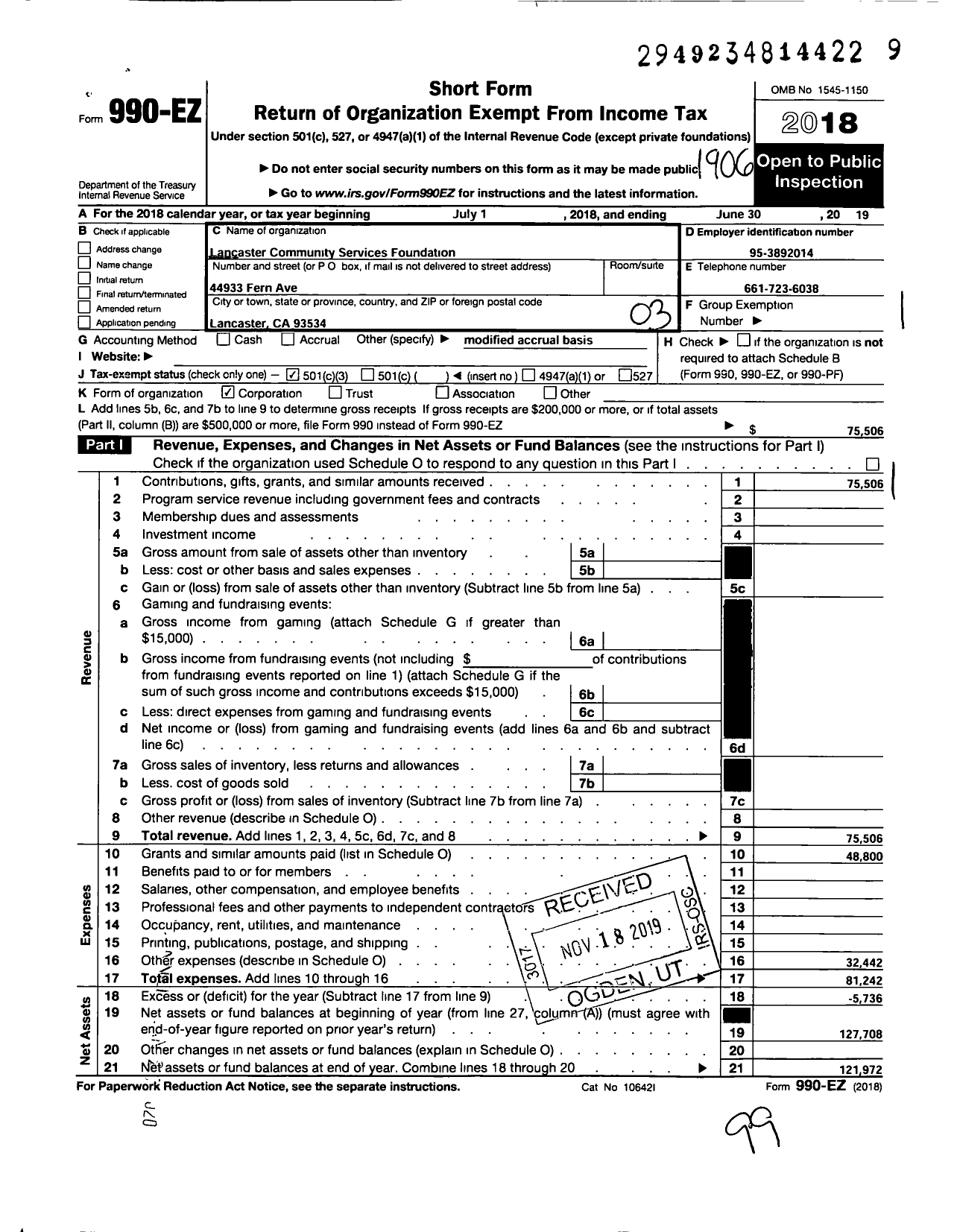 Image of first page of 2018 Form 990EZ for Lancaster Community Services Foundation