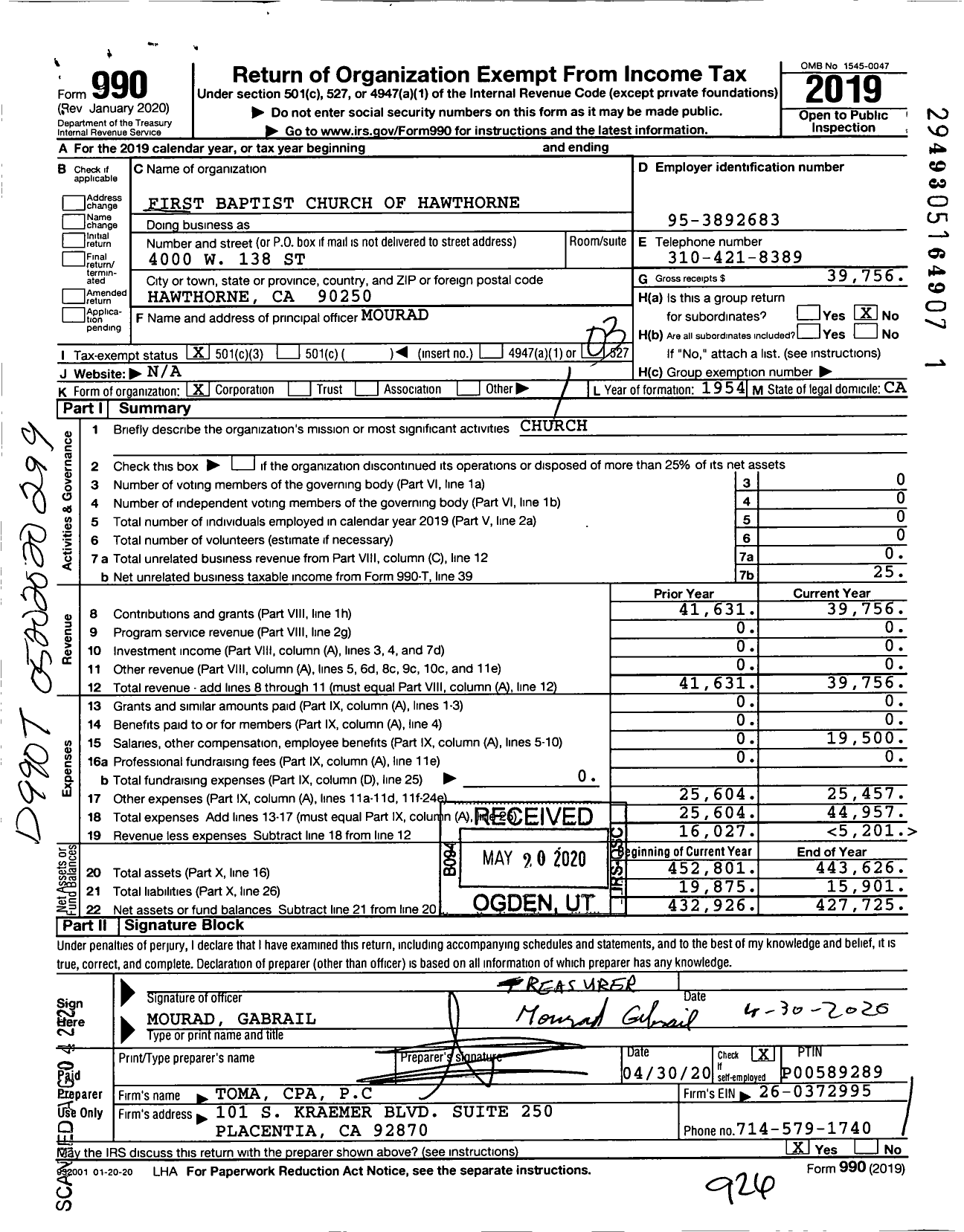 Image of first page of 2019 Form 990 for First Baptist Church of Hawthorne