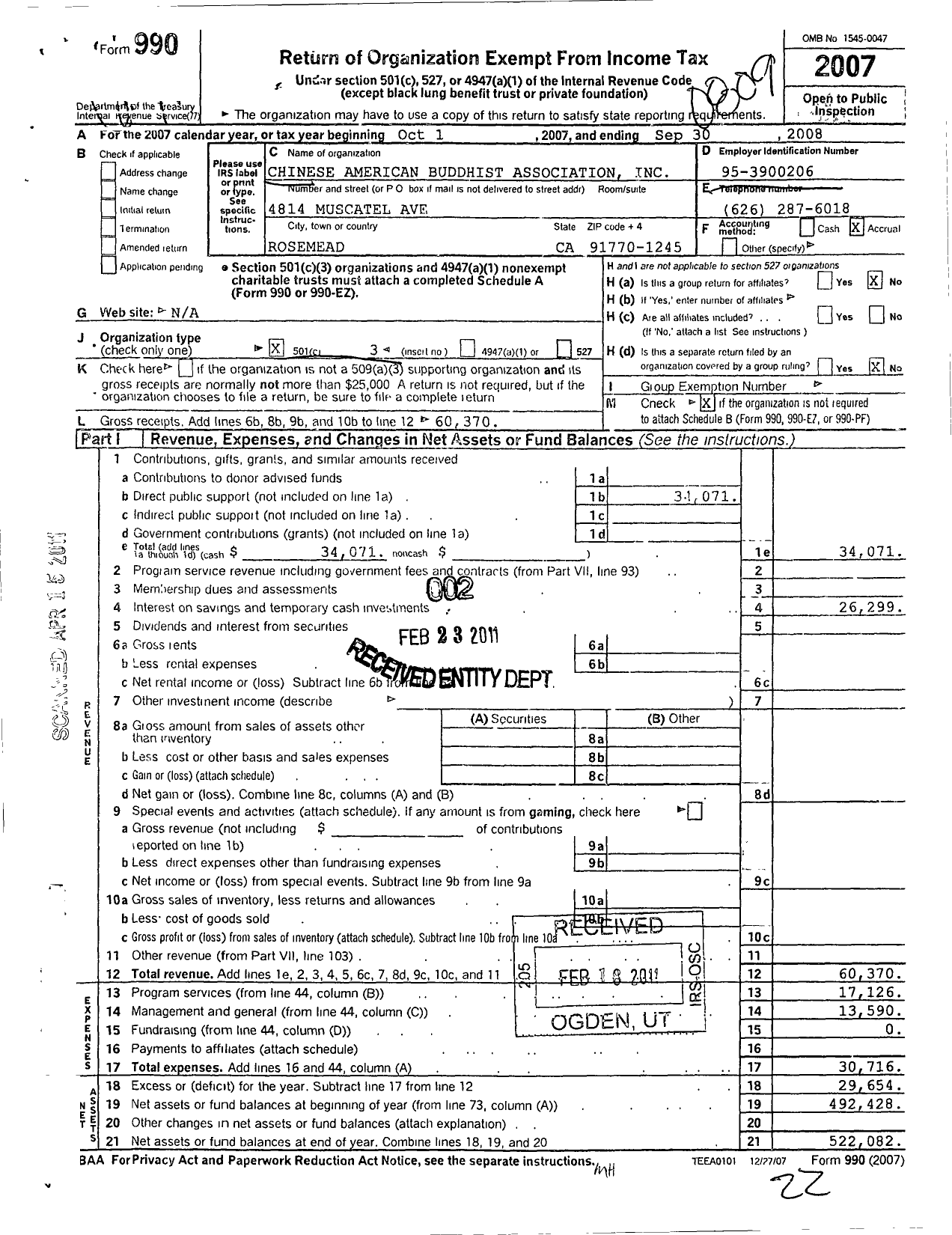 Image of first page of 2007 Form 990 for Chinese American Buddhist Association