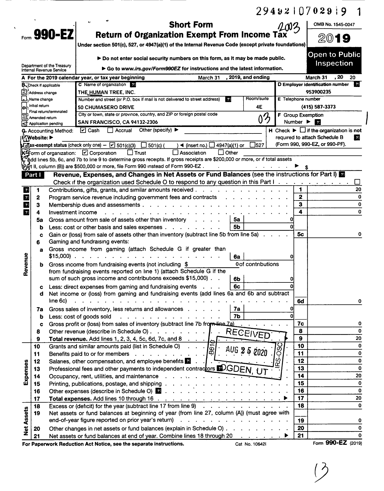 Image of first page of 2019 Form 990EZ for Human Tree