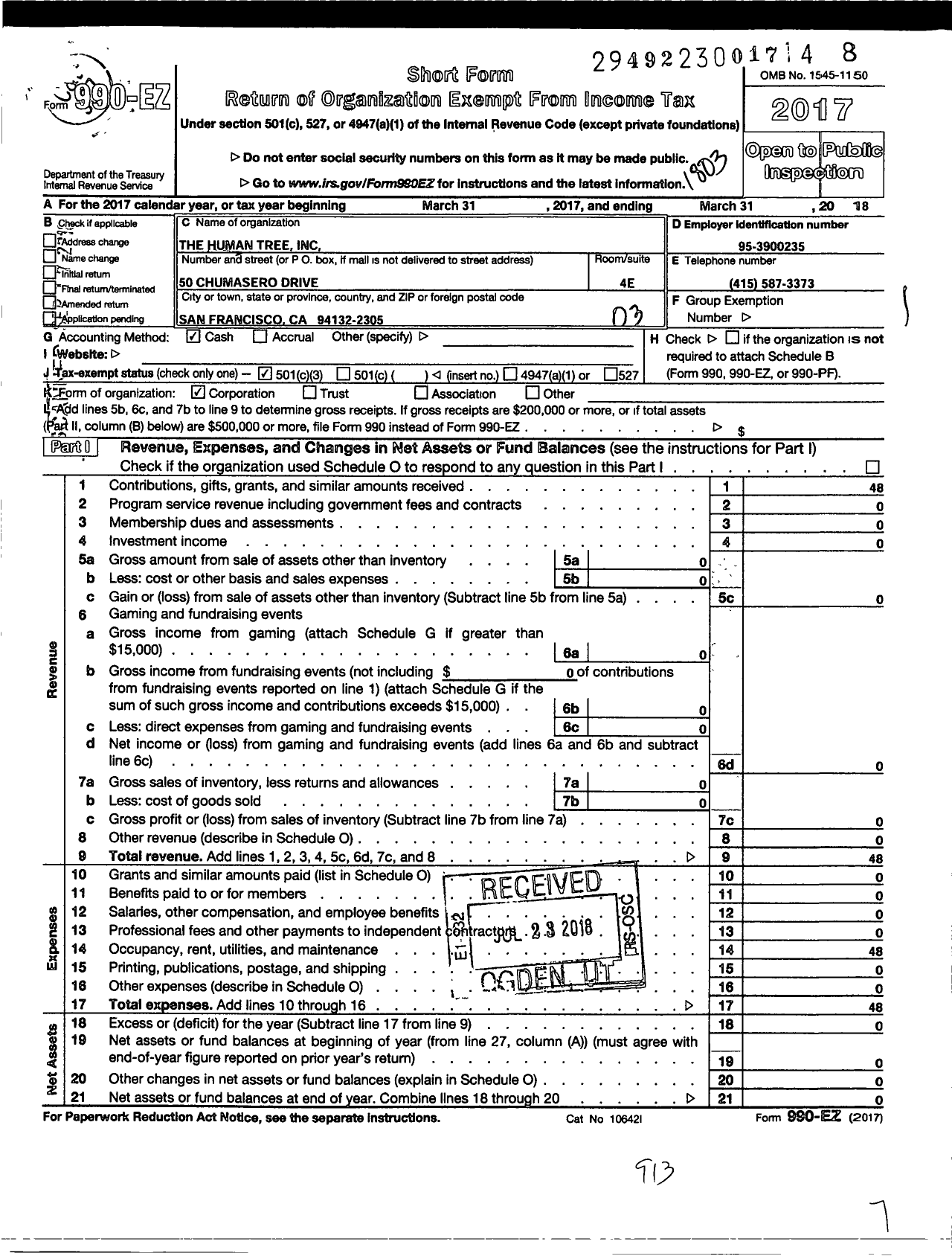 Image of first page of 2017 Form 990EZ for Human Tree