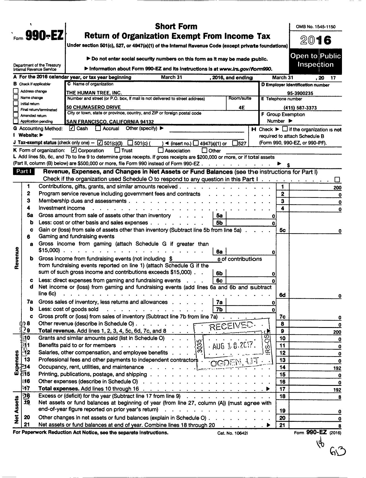 Image of first page of 2016 Form 990EZ for Human Tree