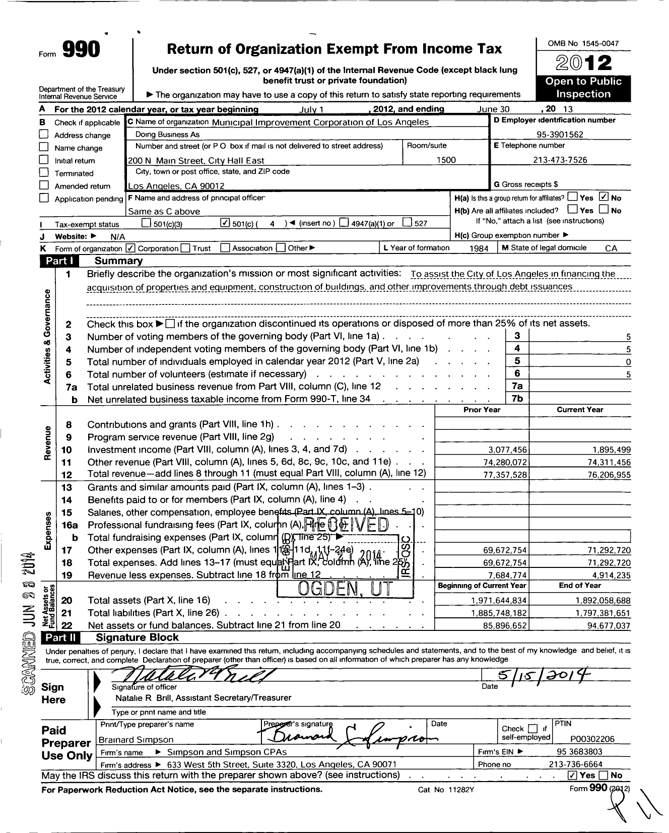 Image of first page of 2012 Form 990O for Municipal Improvement Corporation of Los Angeles