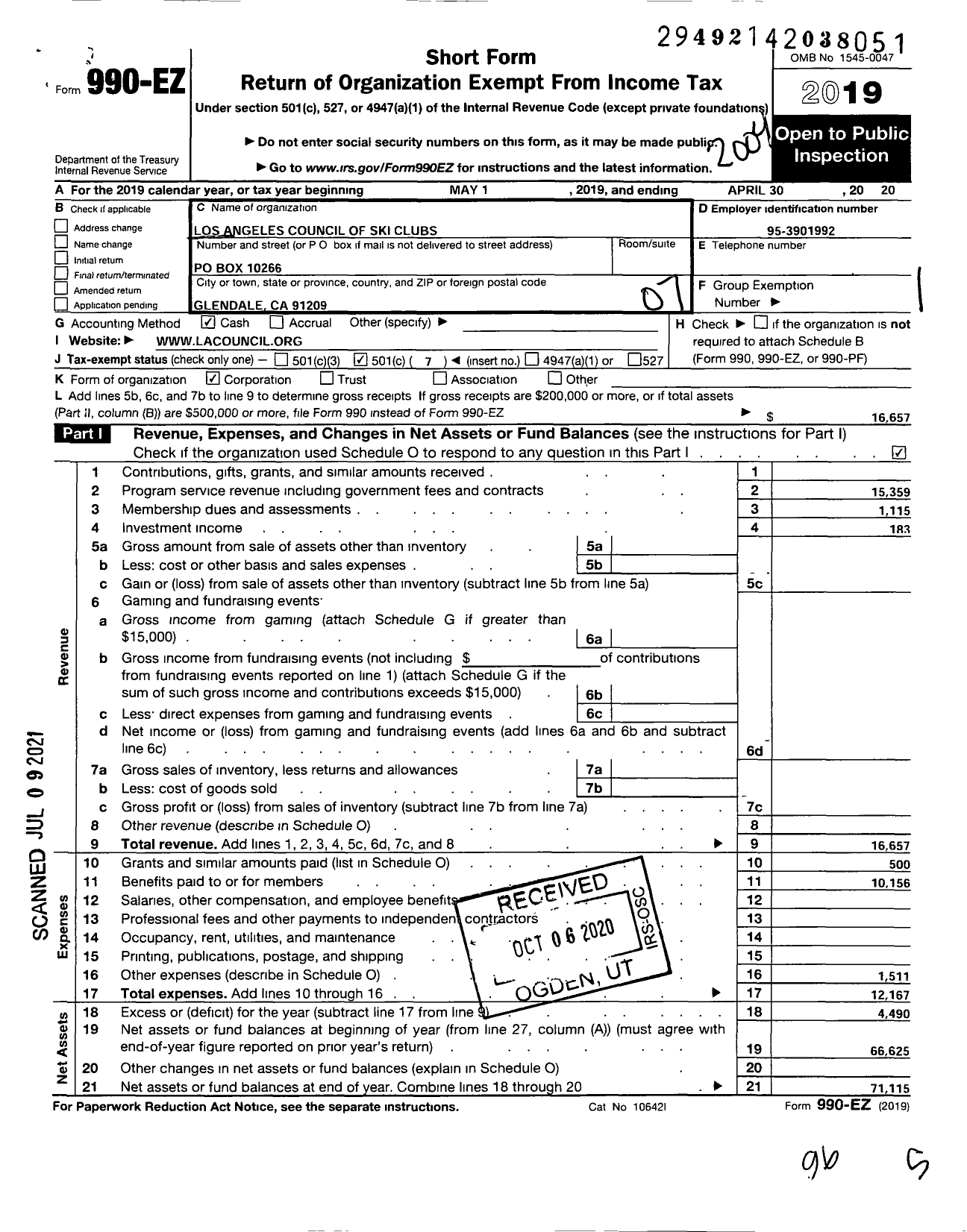 Image of first page of 2019 Form 990EO for Los Angeles Council of Ski Clubs