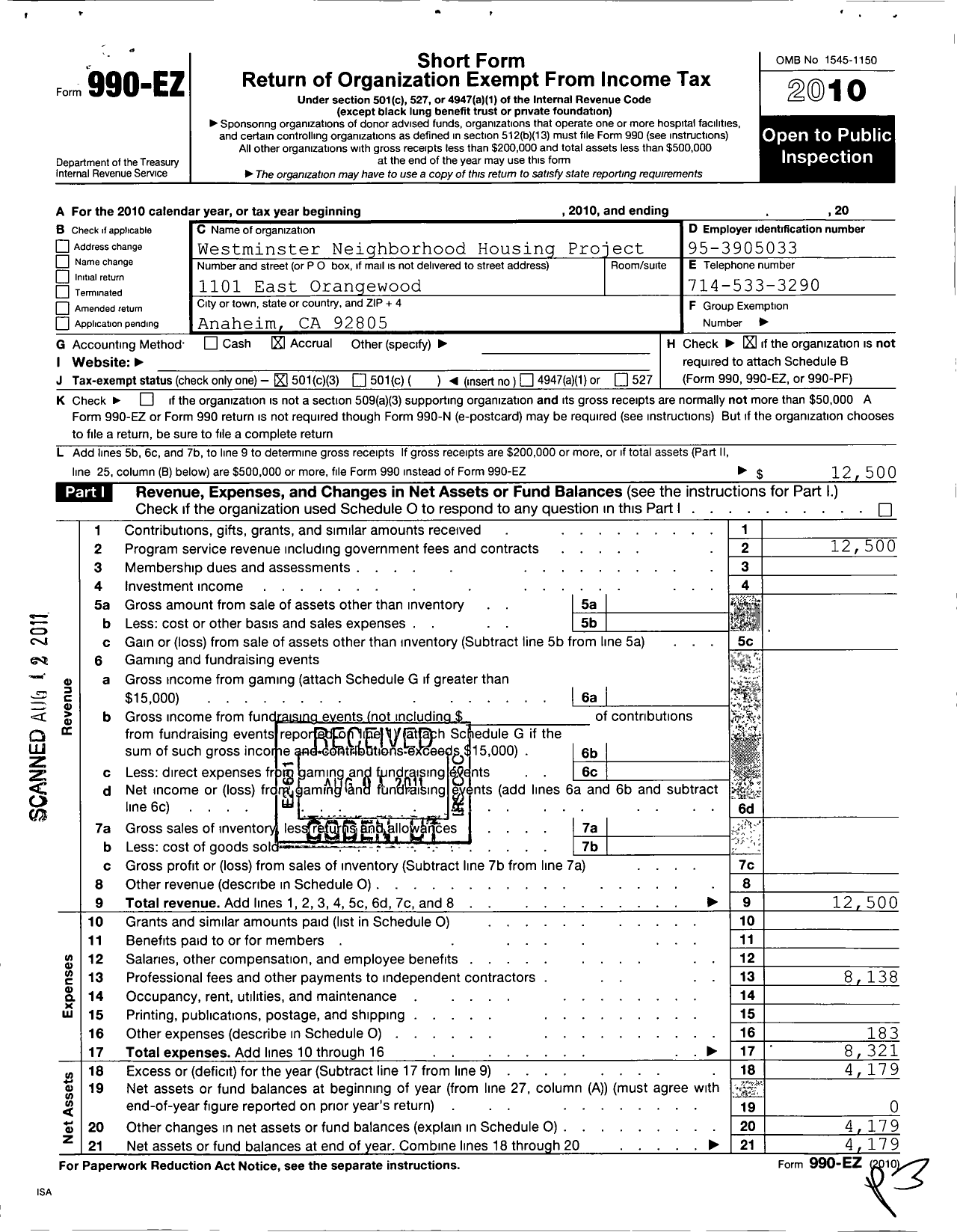 Image of first page of 2010 Form 990EZ for Westminster Neighborhood Housing Project