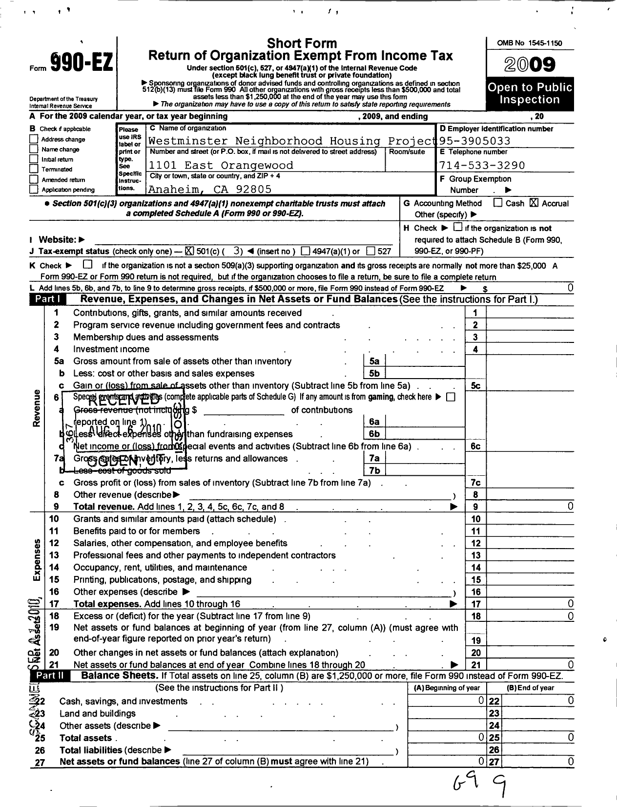 Image of first page of 2009 Form 990EZ for Westminster Neighborhood Housing Project