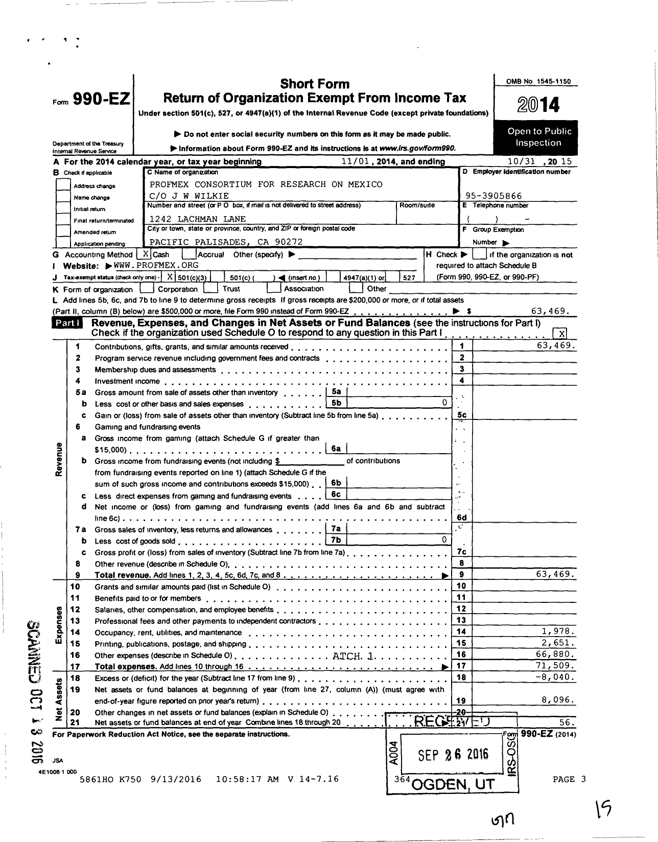 Image of first page of 2014 Form 990EZ for Profmex Consortium for Research on Mexico