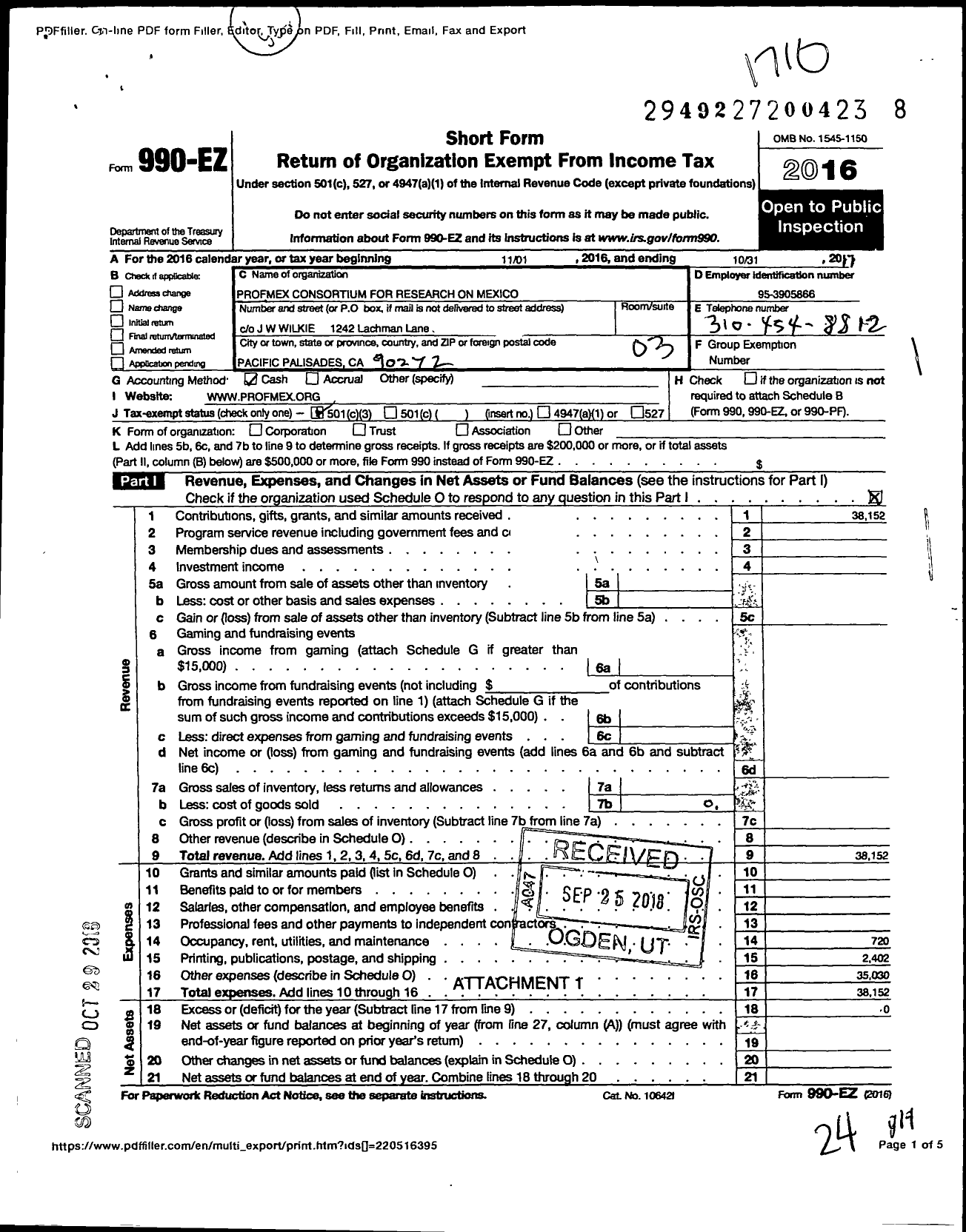 Image of first page of 2016 Form 990EZ for Profmex Consortium for Research on Mexico