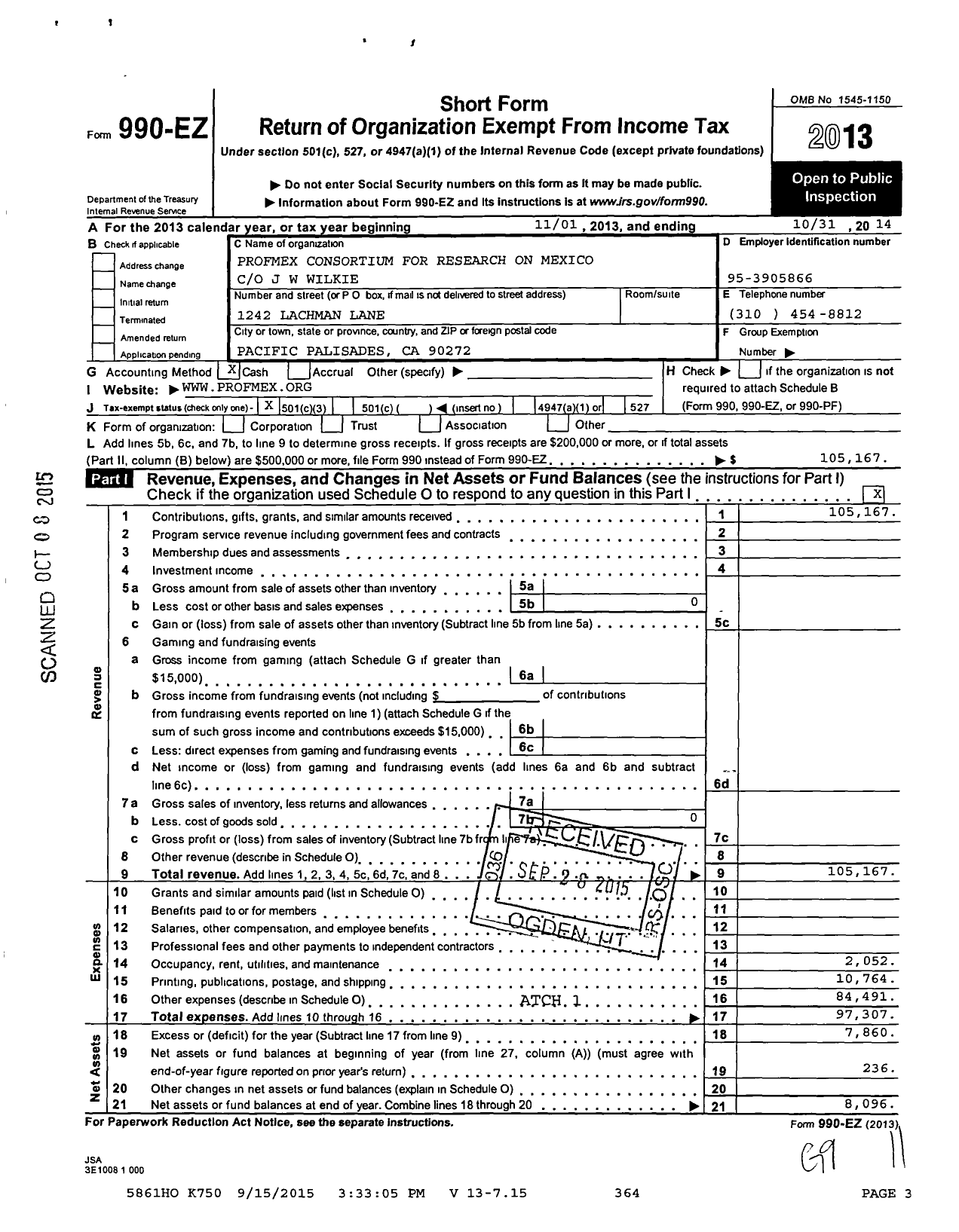 Image of first page of 2013 Form 990EZ for Profmex Consortium for Research on Mexico