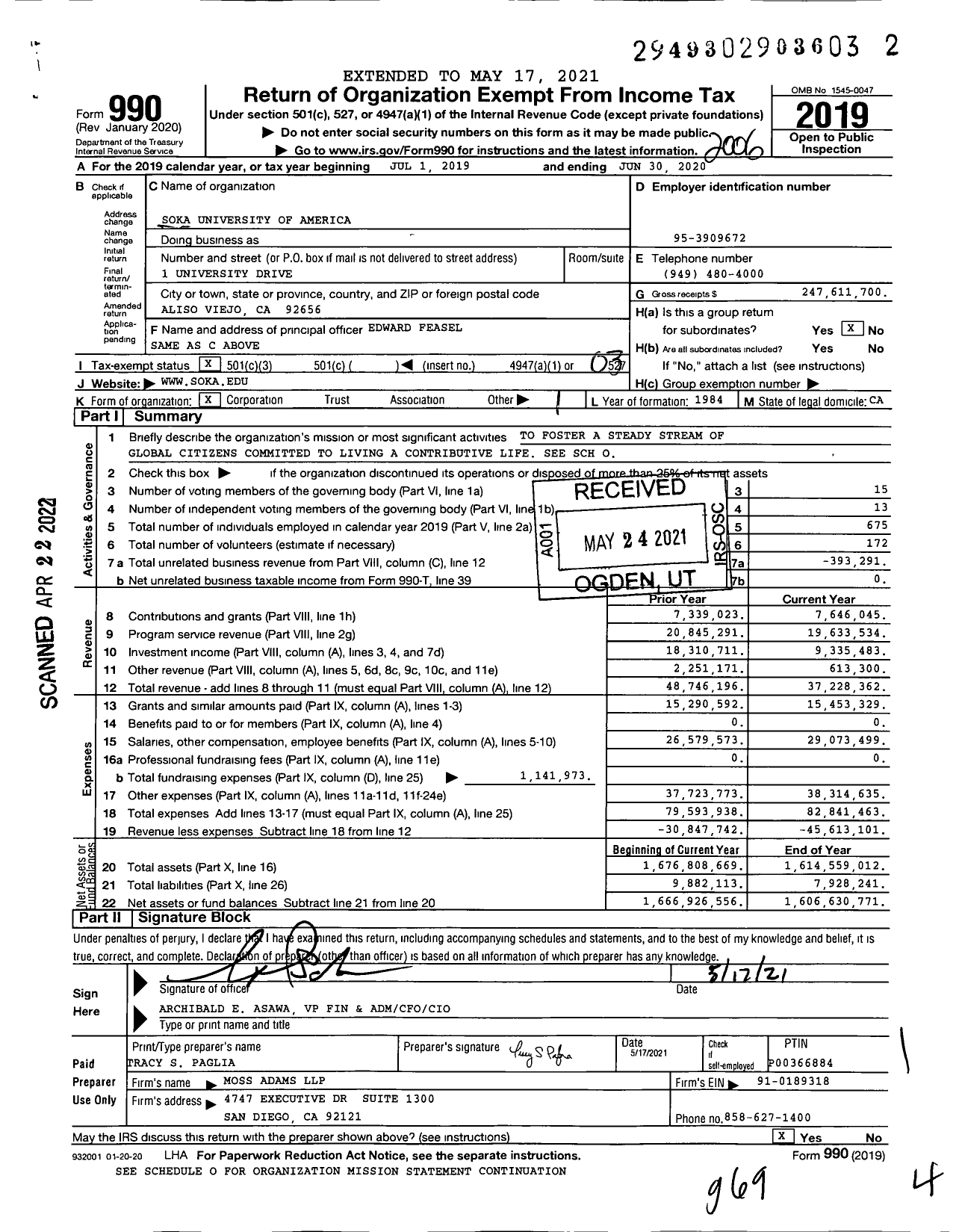 Image of first page of 2019 Form 990 for Soka University of America (SUA)