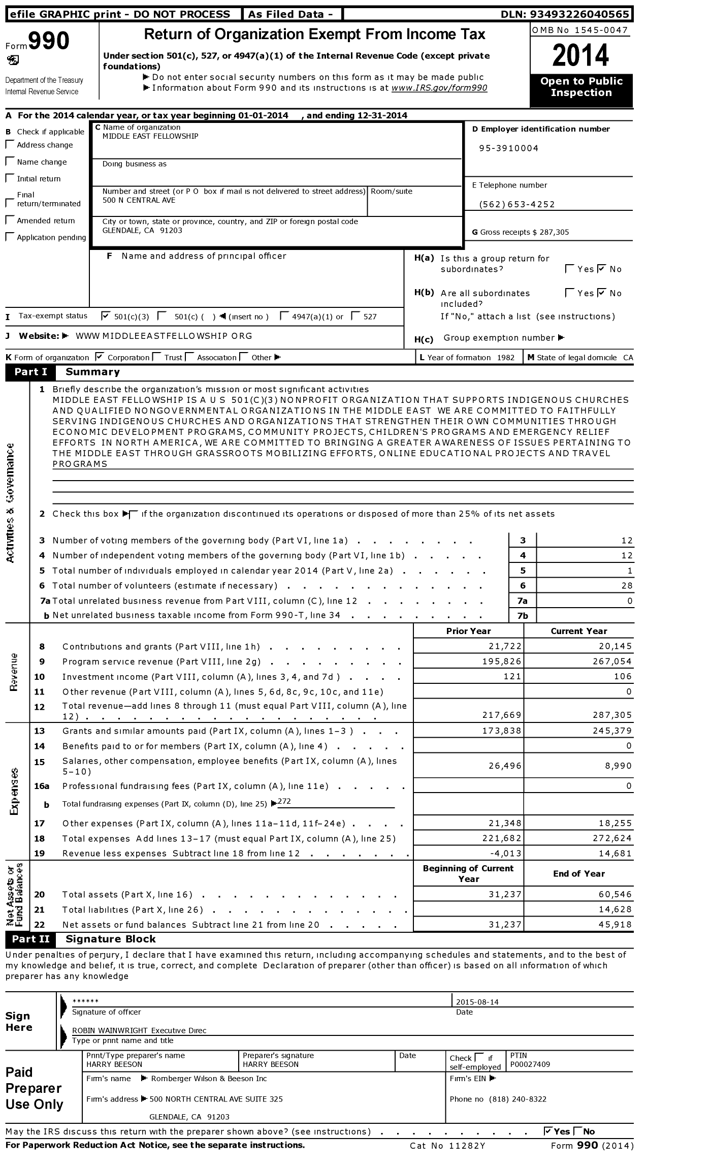 Image of first page of 2014 Form 990 for Middle East Fellowship