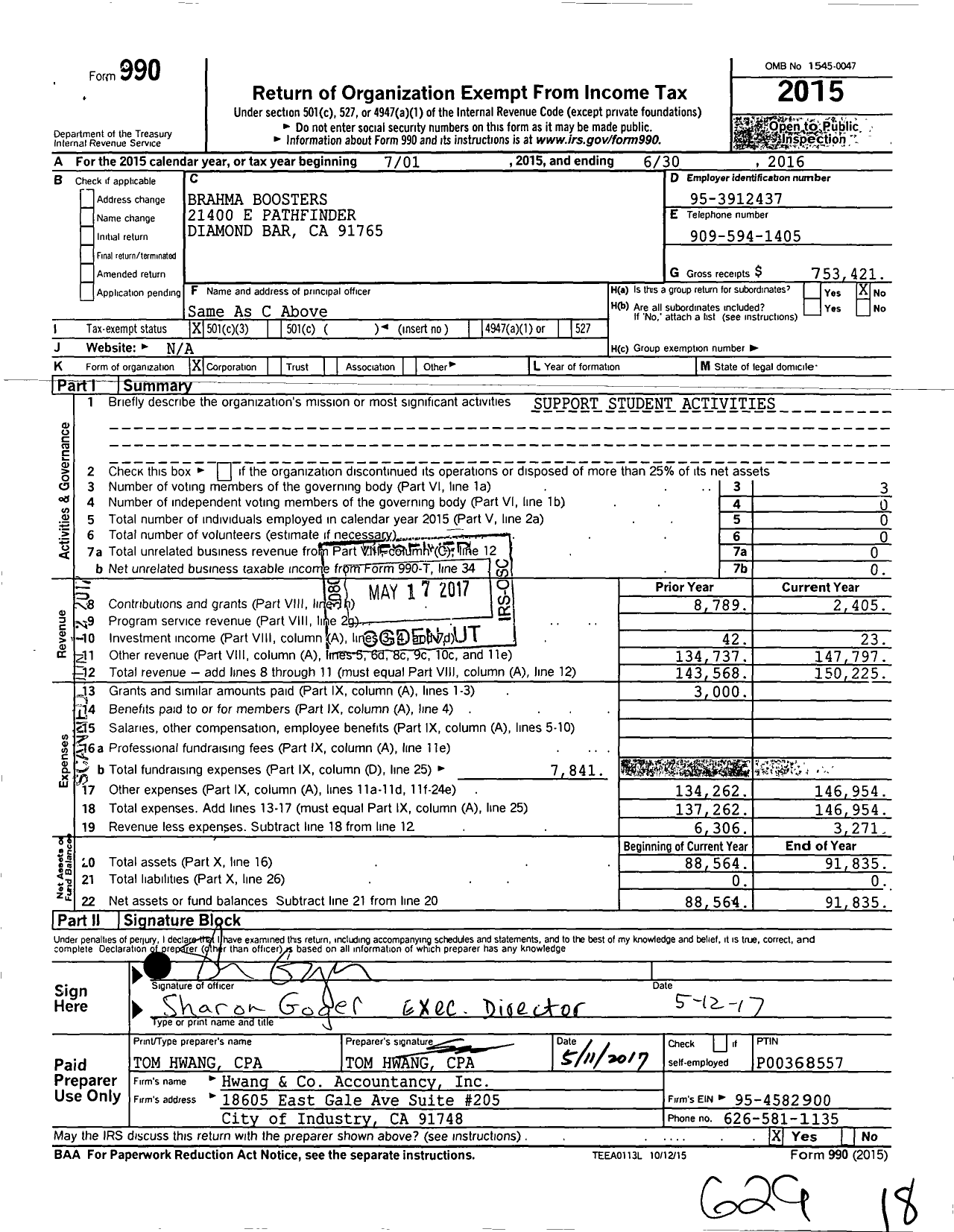 Image of first page of 2015 Form 990 for Brahma Boosters