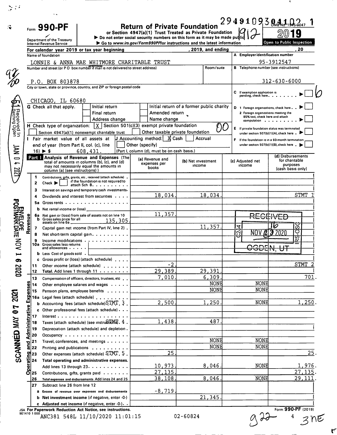 Image of first page of 2019 Form 990PF for Lonnie and Anna Mae Whitmore Charitable Trust