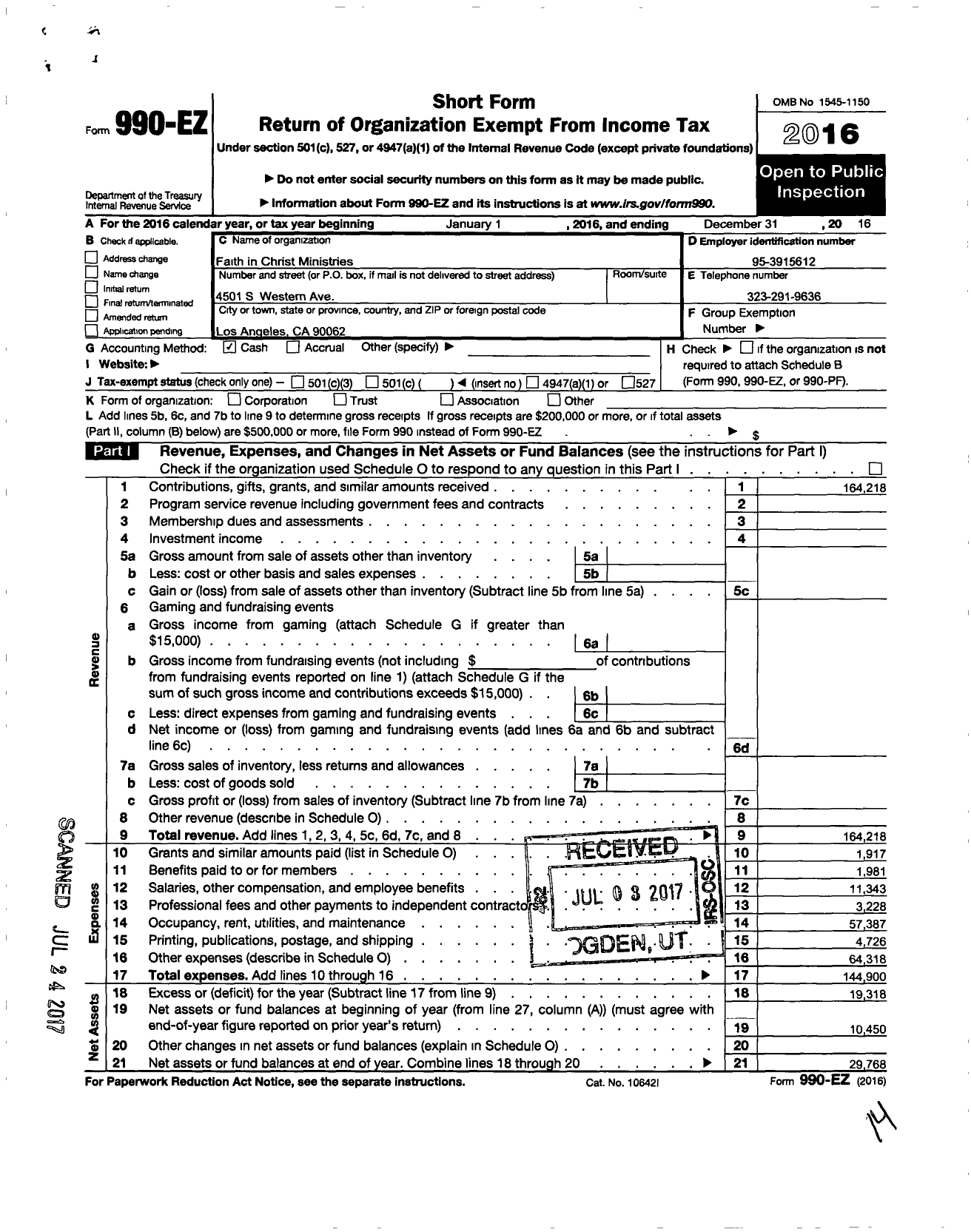 Image of first page of 2016 Form 990EO for Faith in Christ Ministries - 9031 Los Angeles