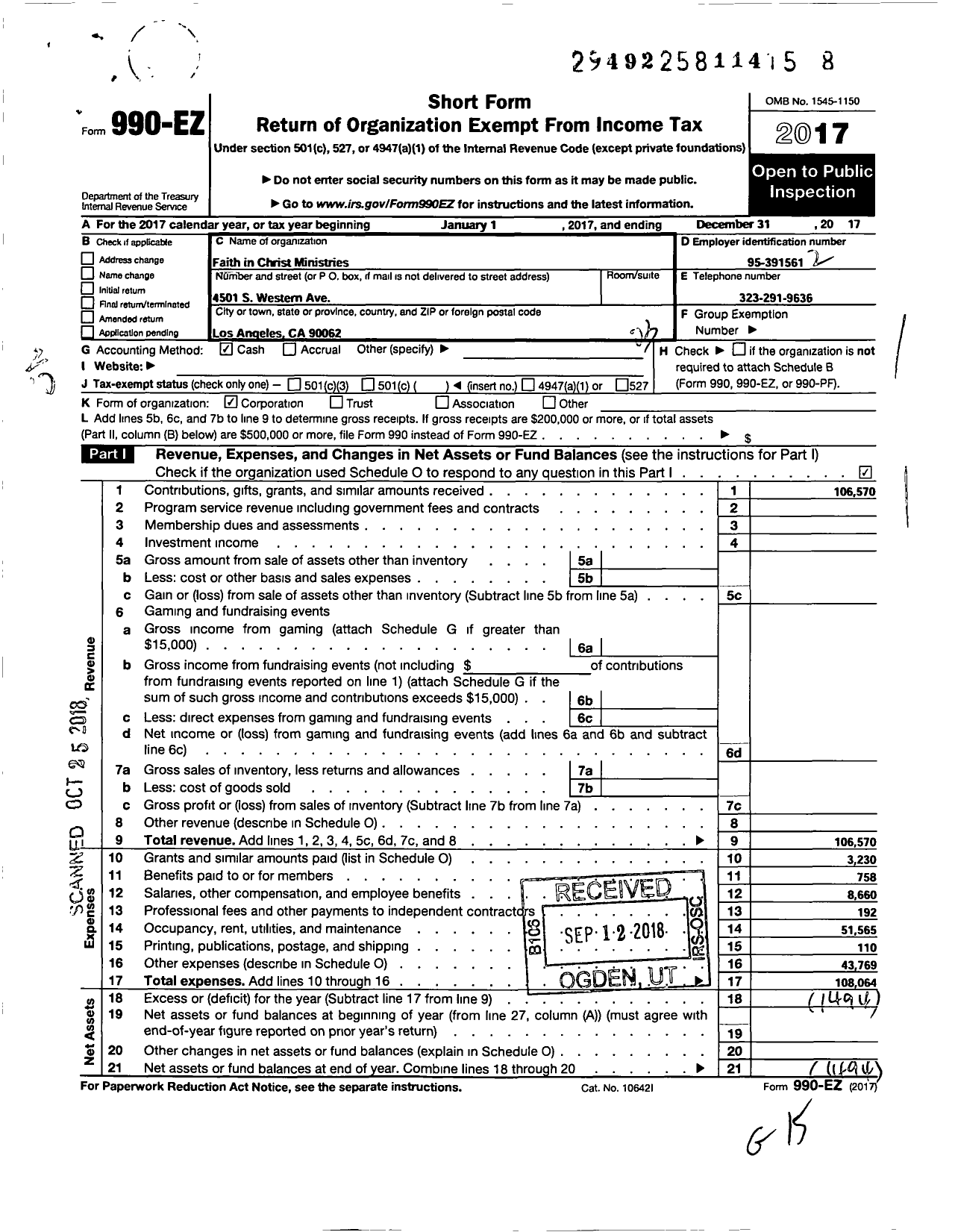 Image of first page of 2017 Form 990EZ for Faith in Christ Ministries - 9031 Los Angeles