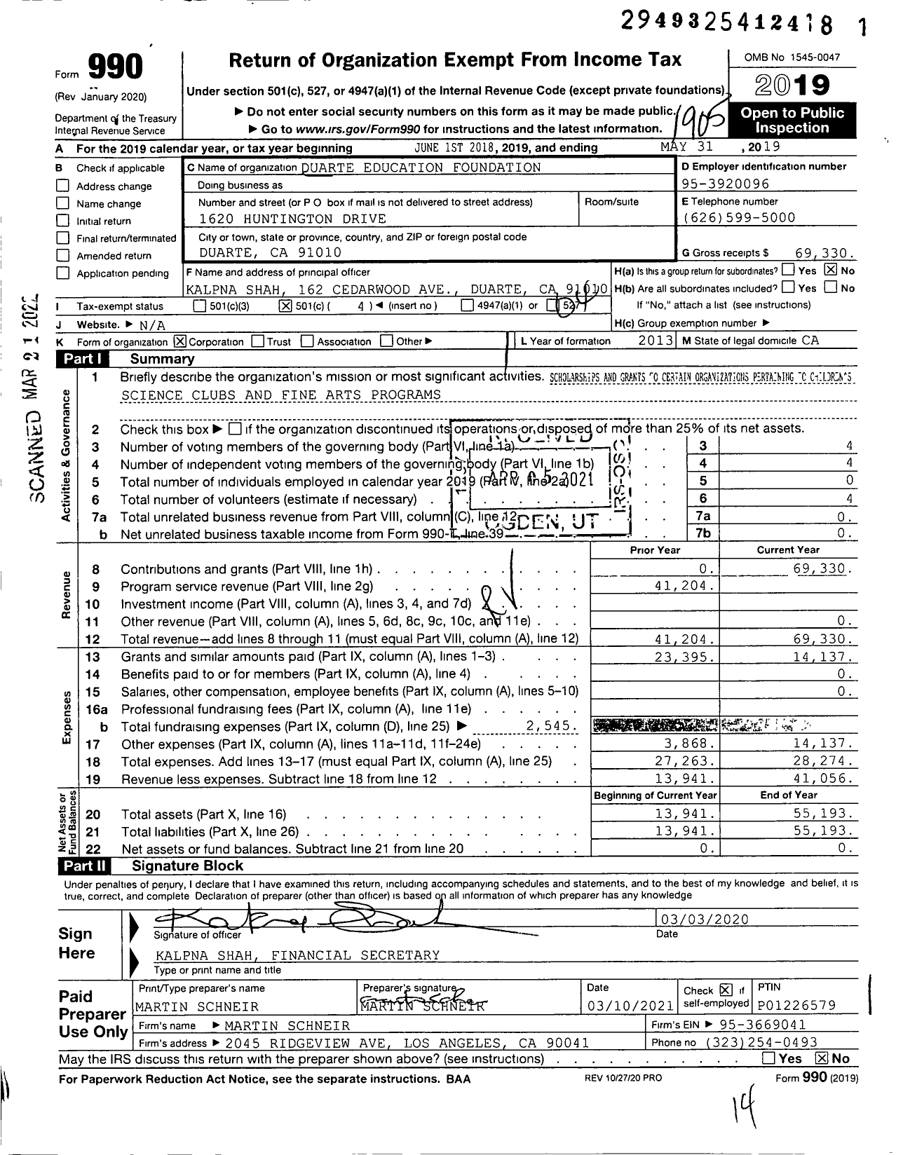 Image of first page of 2018 Form 990O for Duarte Community and Educational Foundation