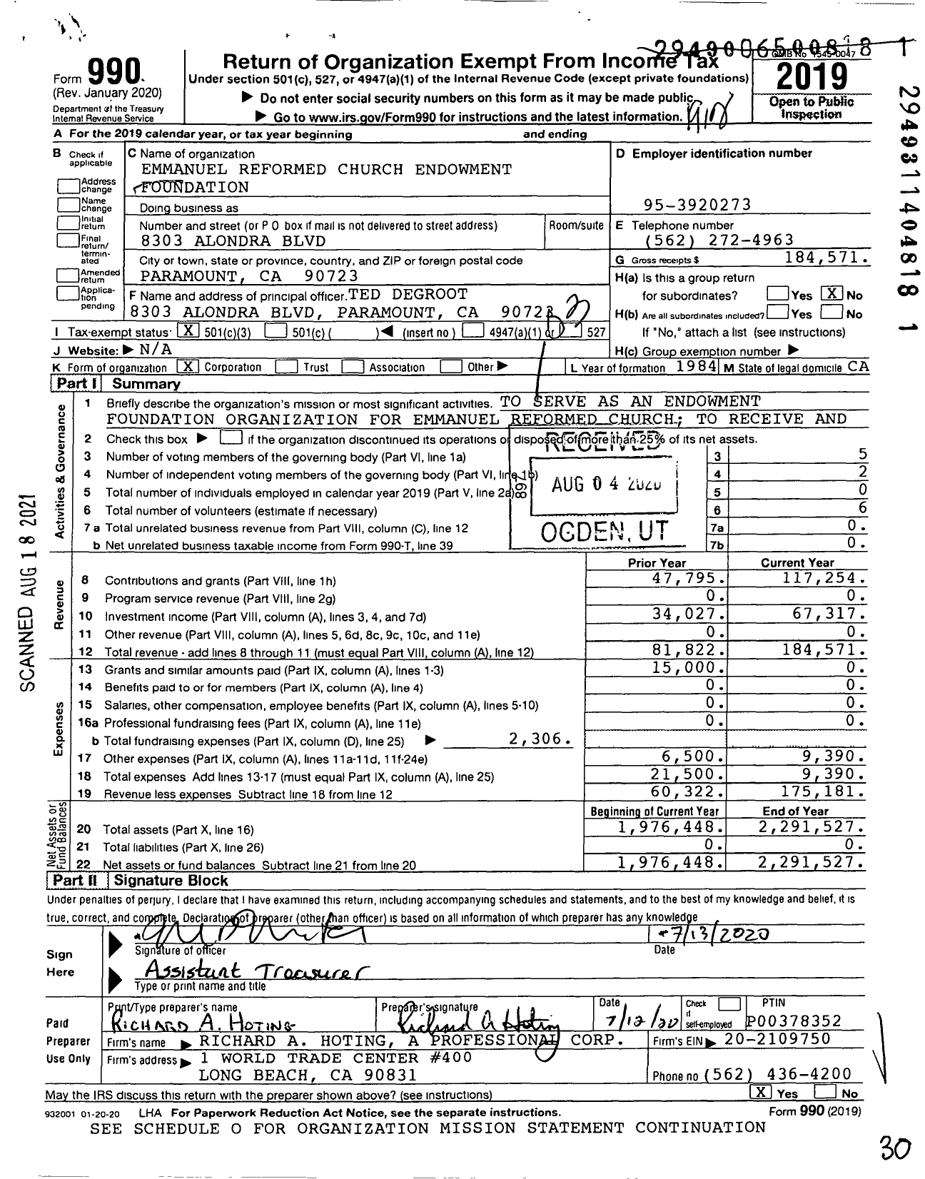 Image of first page of 2019 Form 990 for Emmanuel Reformed Church Endowment Foundation