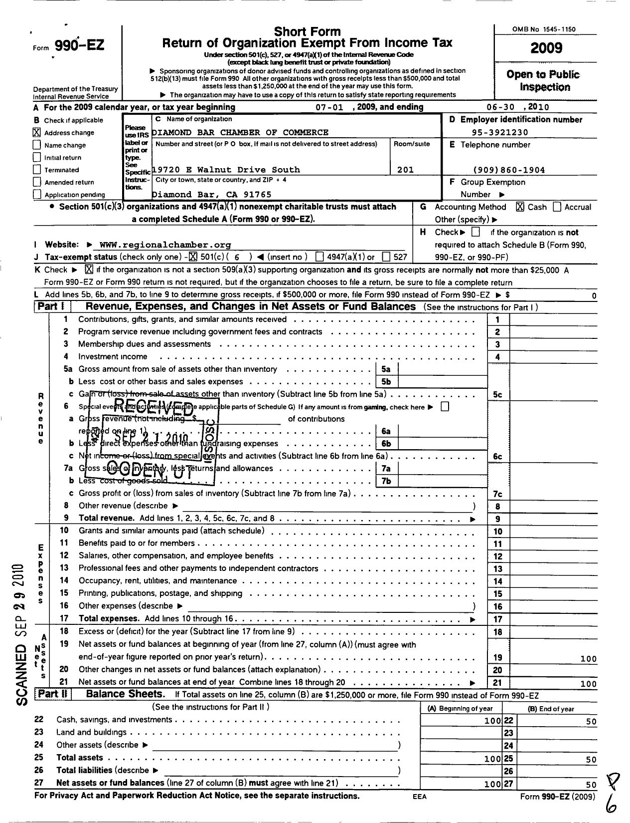 Image of first page of 2009 Form 990EO for Diamond Bar Chamber of Commerce