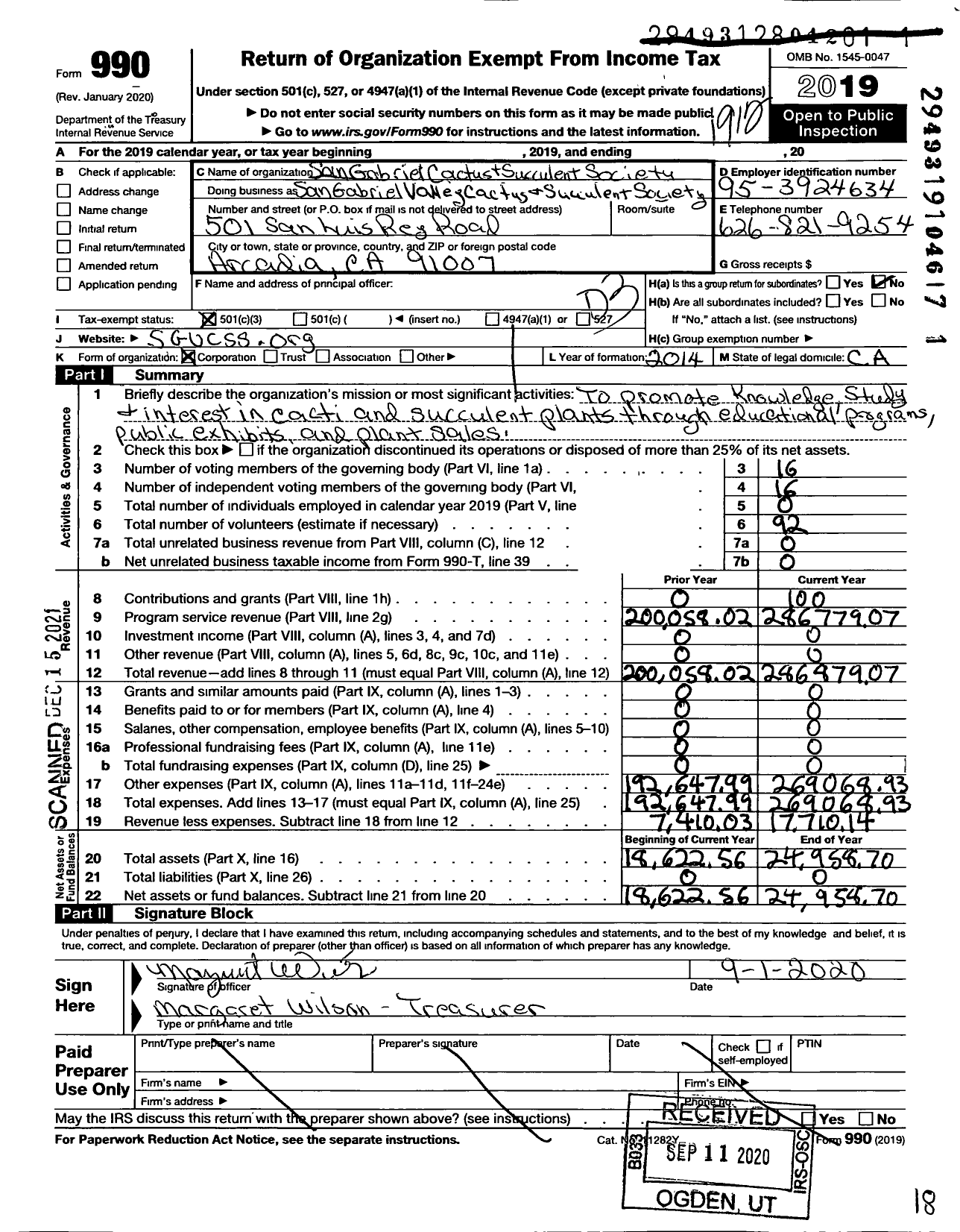 Image of first page of 2019 Form 990 for San Gabriel Cactus and Succulent Society San Gabriel Valley Cactus and Succulent Society