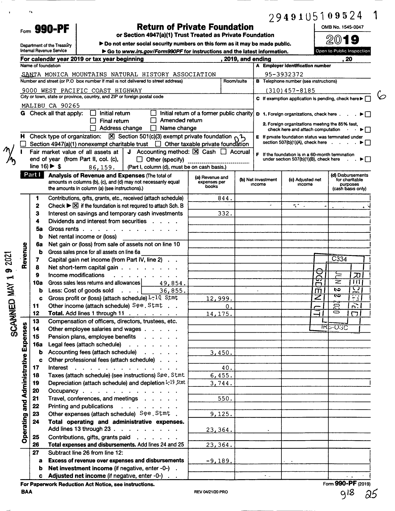 Image of first page of 2019 Form 990PF for Santa Monica Mountains Natural History Association