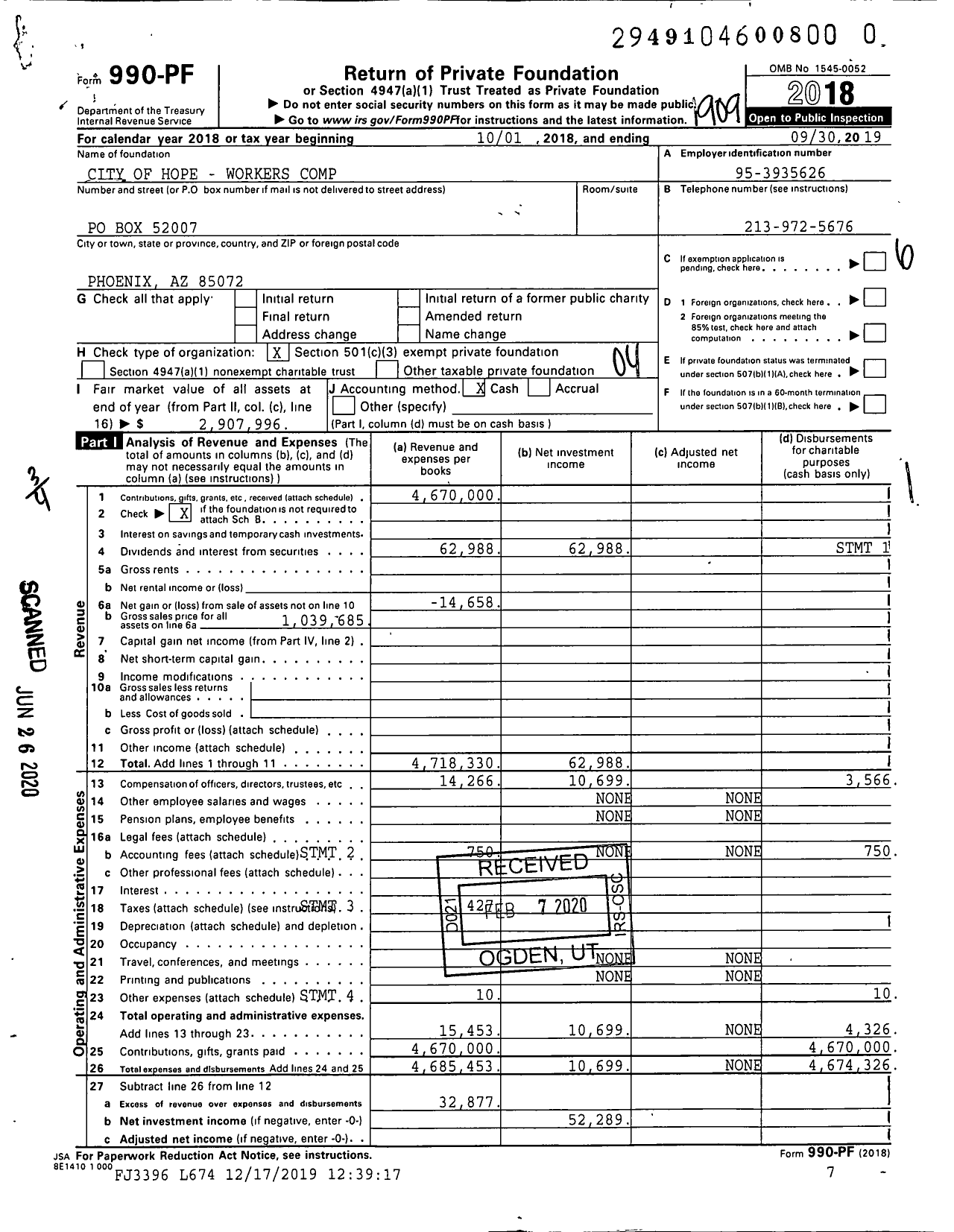 Image of first page of 2018 Form 990PR for City of Hope - Workers Comp
