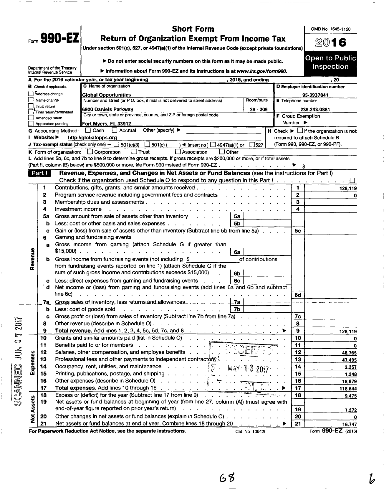 Image of first page of 2016 Form 990EO for Global Opportunities Global Intent