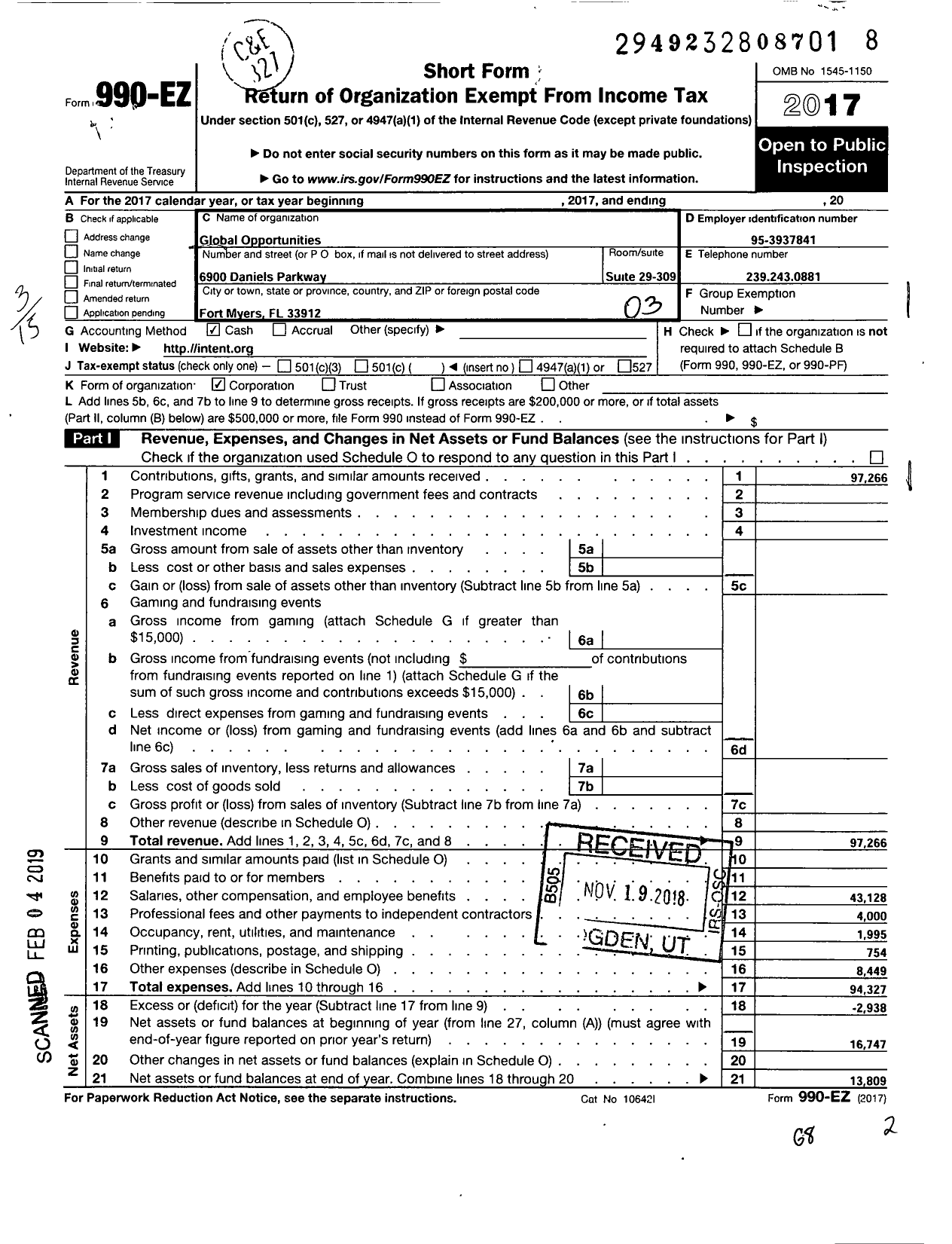 Image of first page of 2017 Form 990EZ for Global Opportunities Global Intent