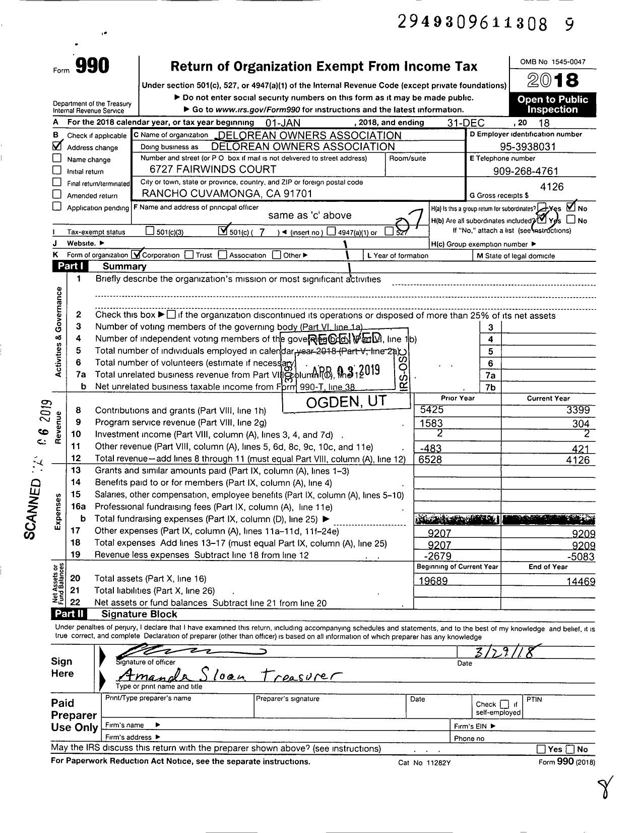 Image of first page of 2018 Form 990O for Delorean Owners Association