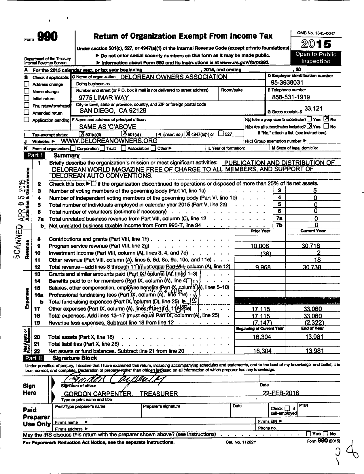 Image of first page of 2015 Form 990O for Delorean Owners Association