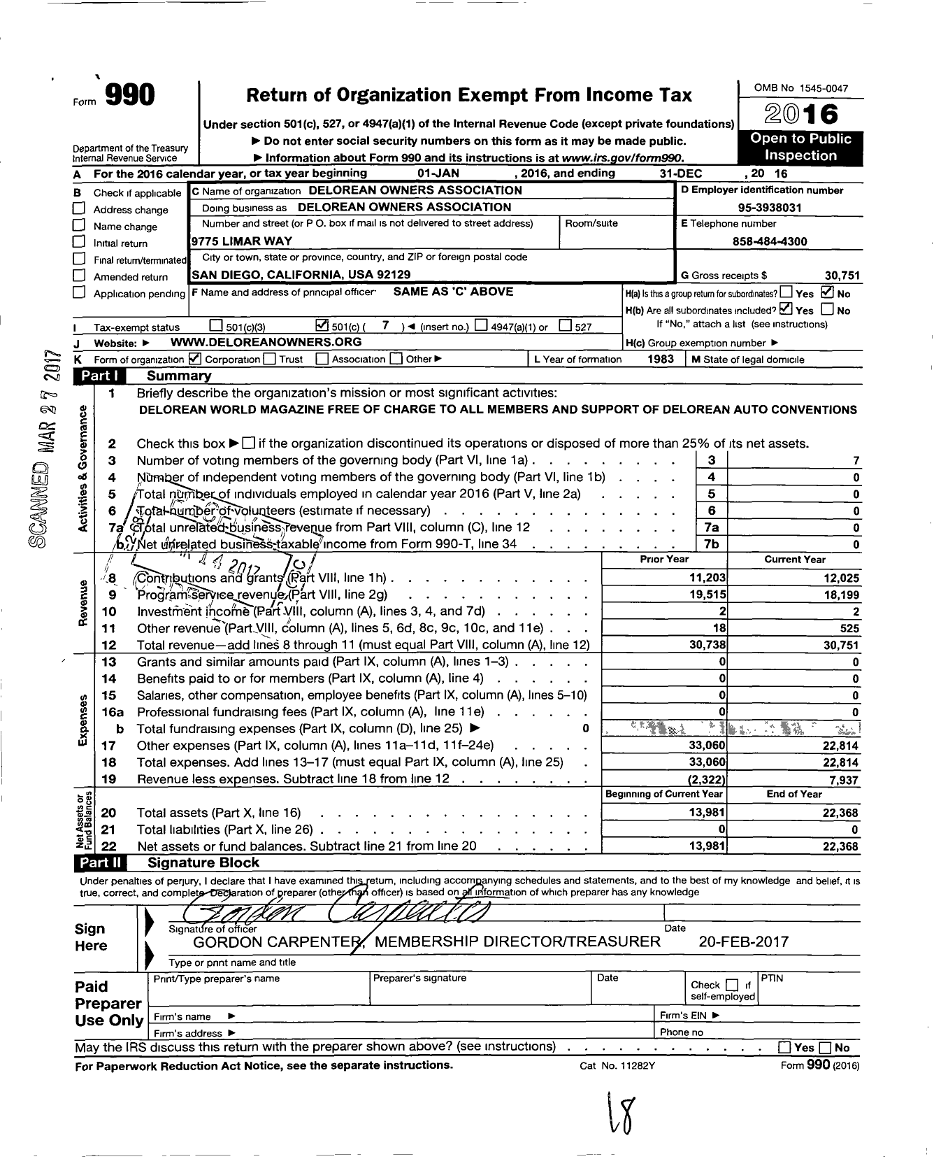 Image of first page of 2016 Form 990O for Delorean Owners Association