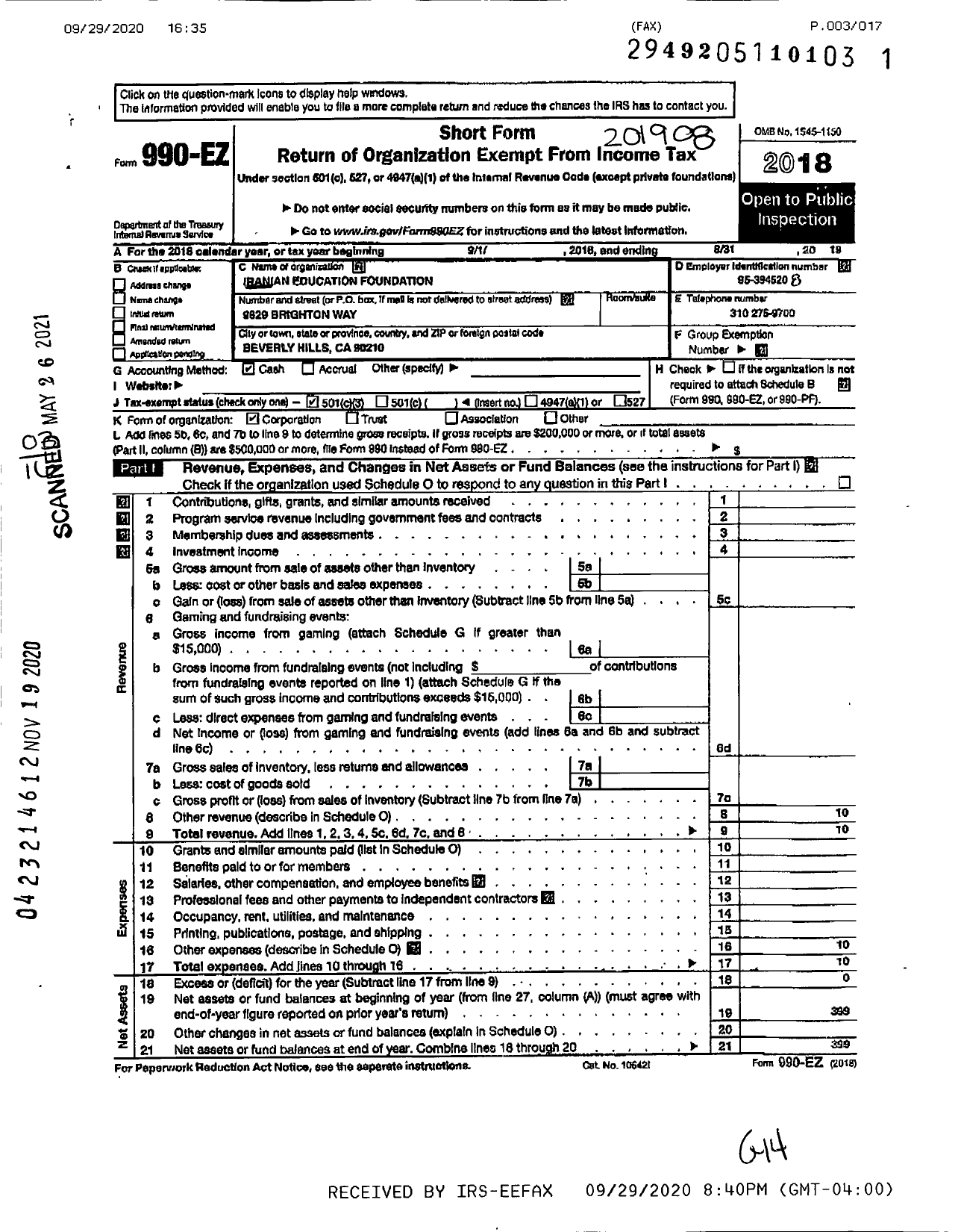 Image of first page of 2018 Form 990EZ for Iranian Education Foundation