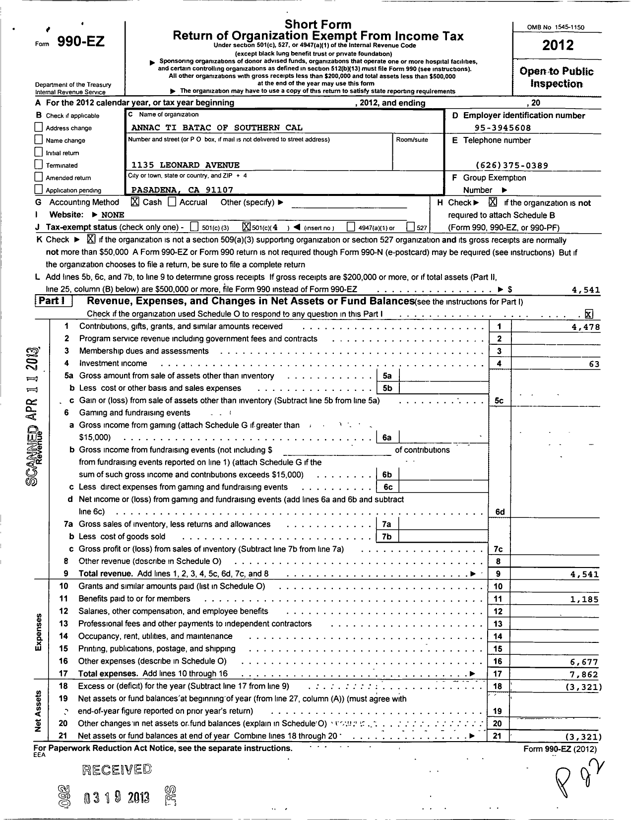 Image of first page of 2012 Form 990EO for Annac Ti Batac of Southern California