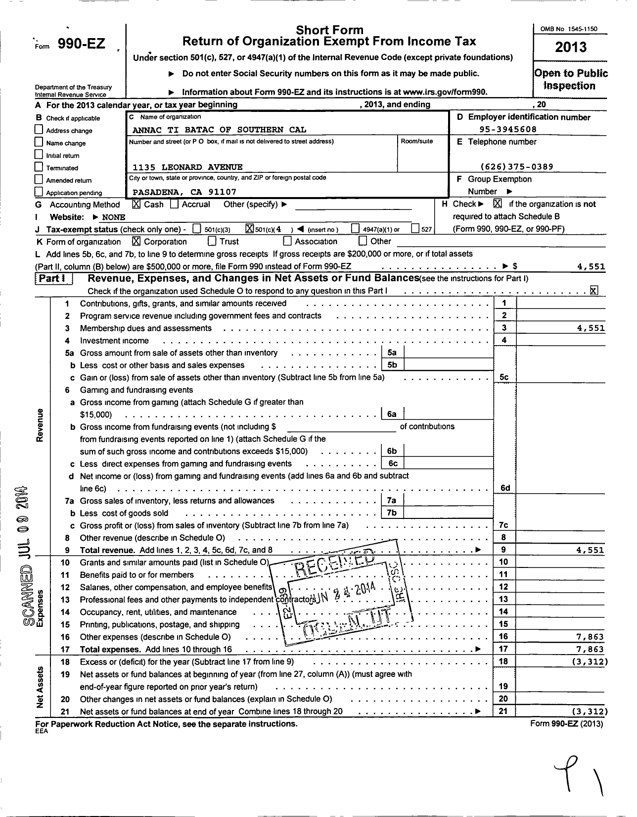 Image of first page of 2013 Form 990EO for Annac Ti Batac of Southern California