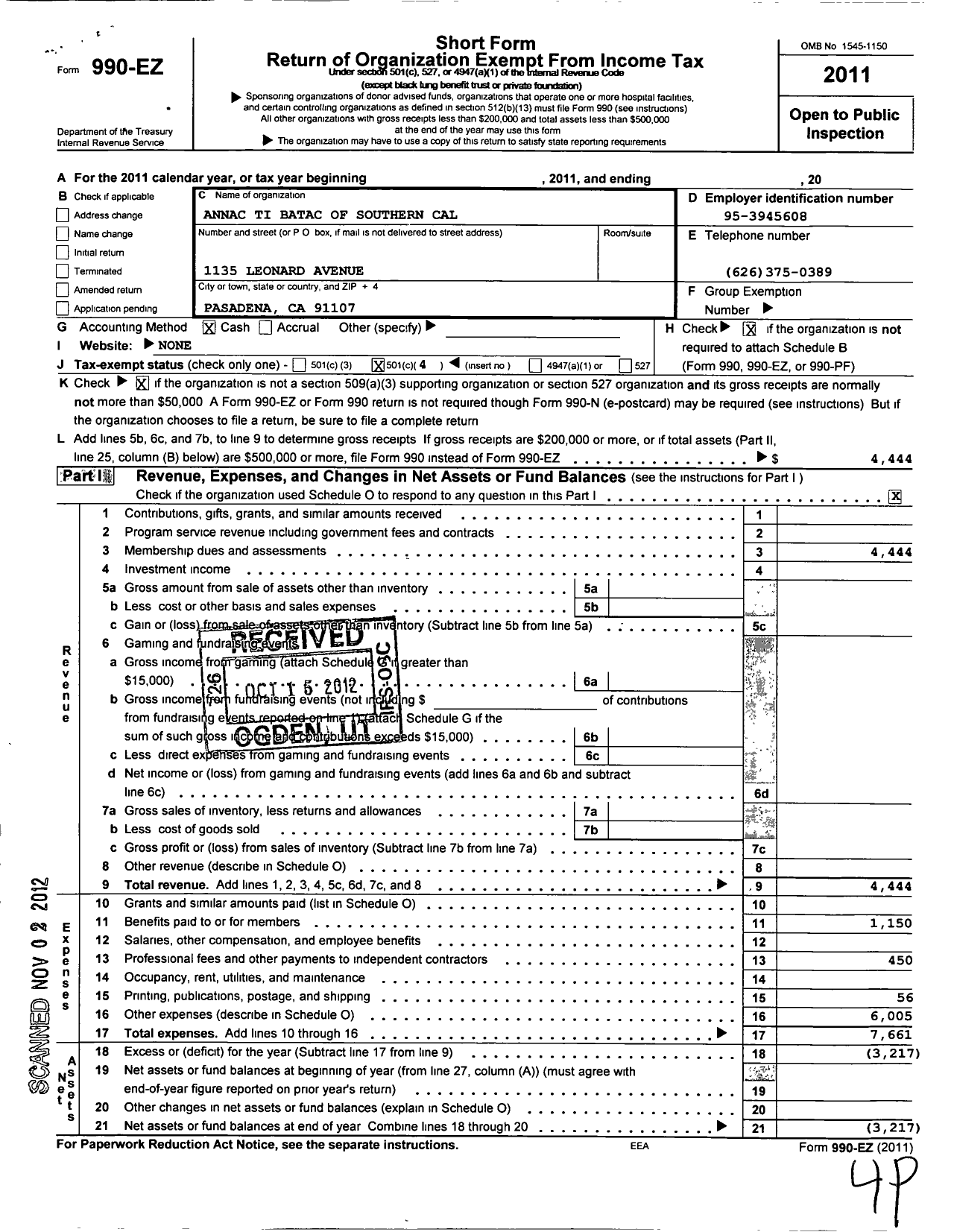 Image of first page of 2011 Form 990EO for Annac Ti Batac of Southern California