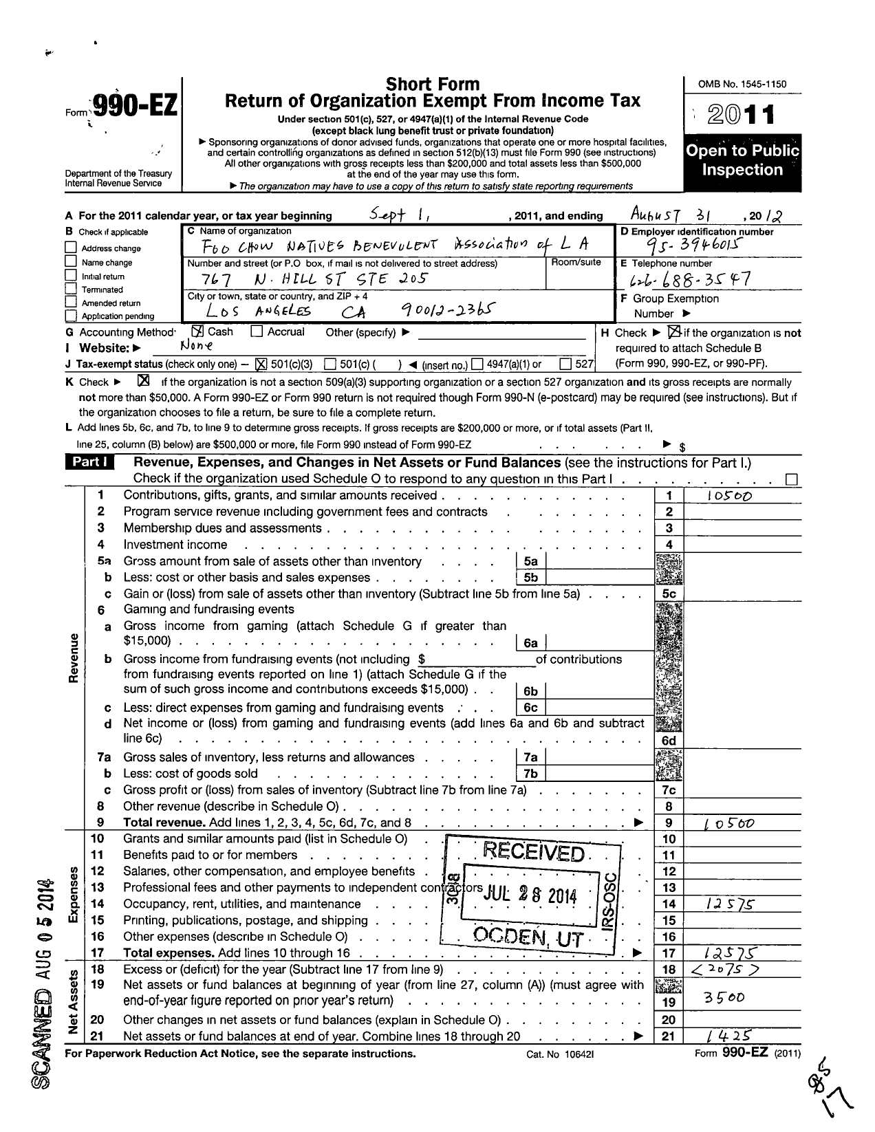 Image of first page of 2011 Form 990EZ for Foo Chow Natives Benevolent Association of Los Angeles