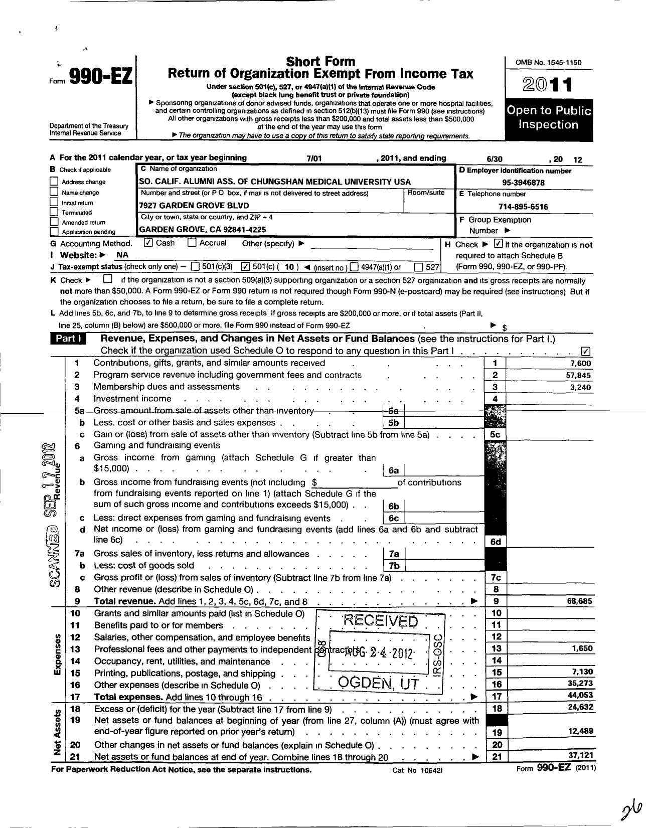 Image of first page of 2011 Form 990EO for Southern California Alumni Association of Chung Shan Medical