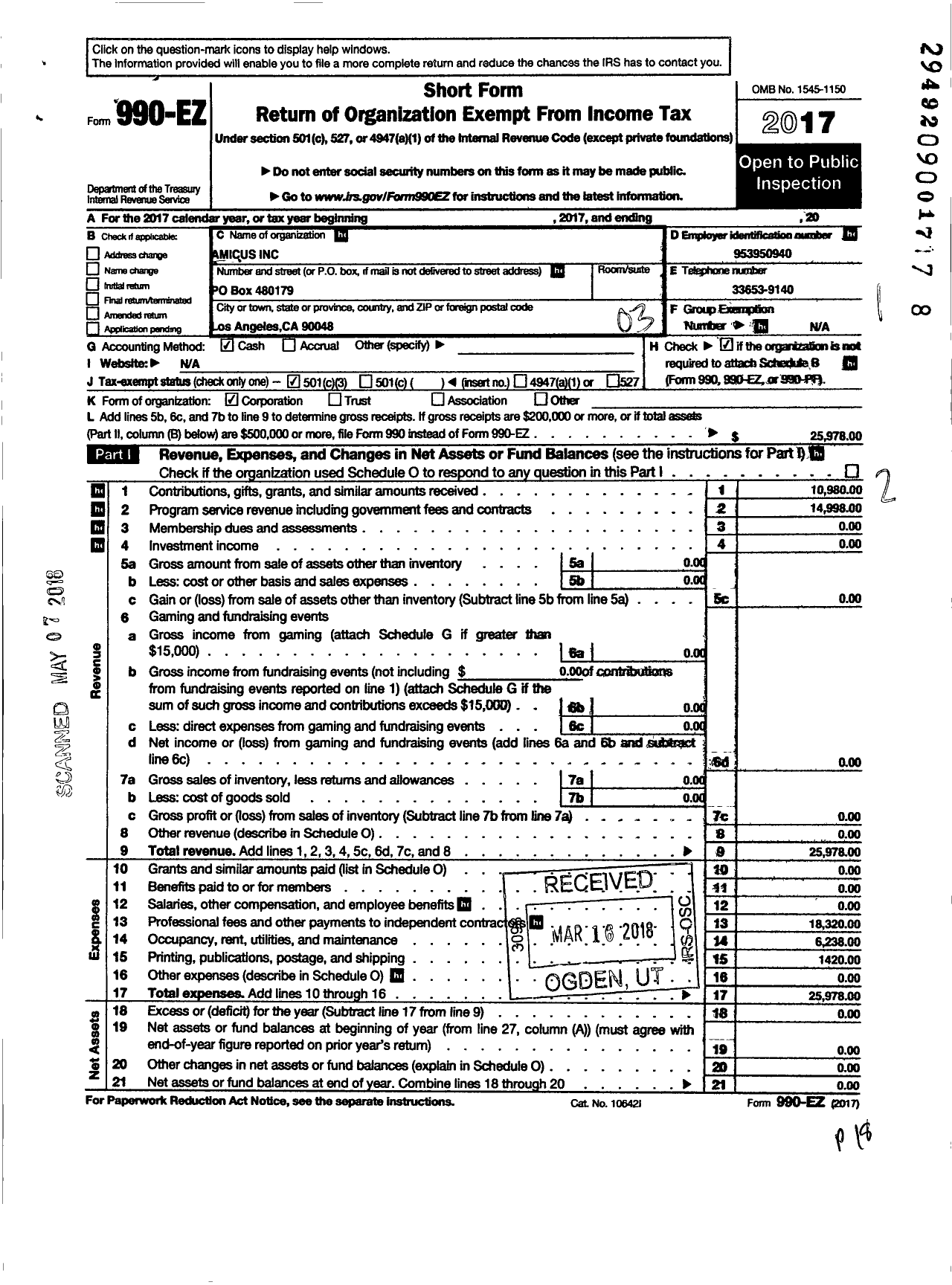 Image of first page of 2017 Form 990EZ for Amicus