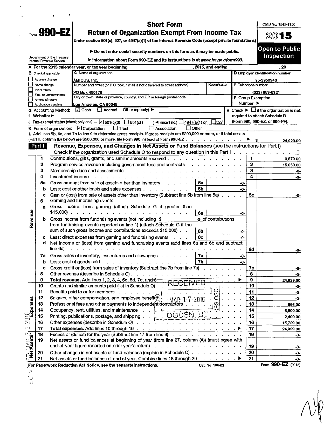 Image of first page of 2015 Form 990EZ for Amicus