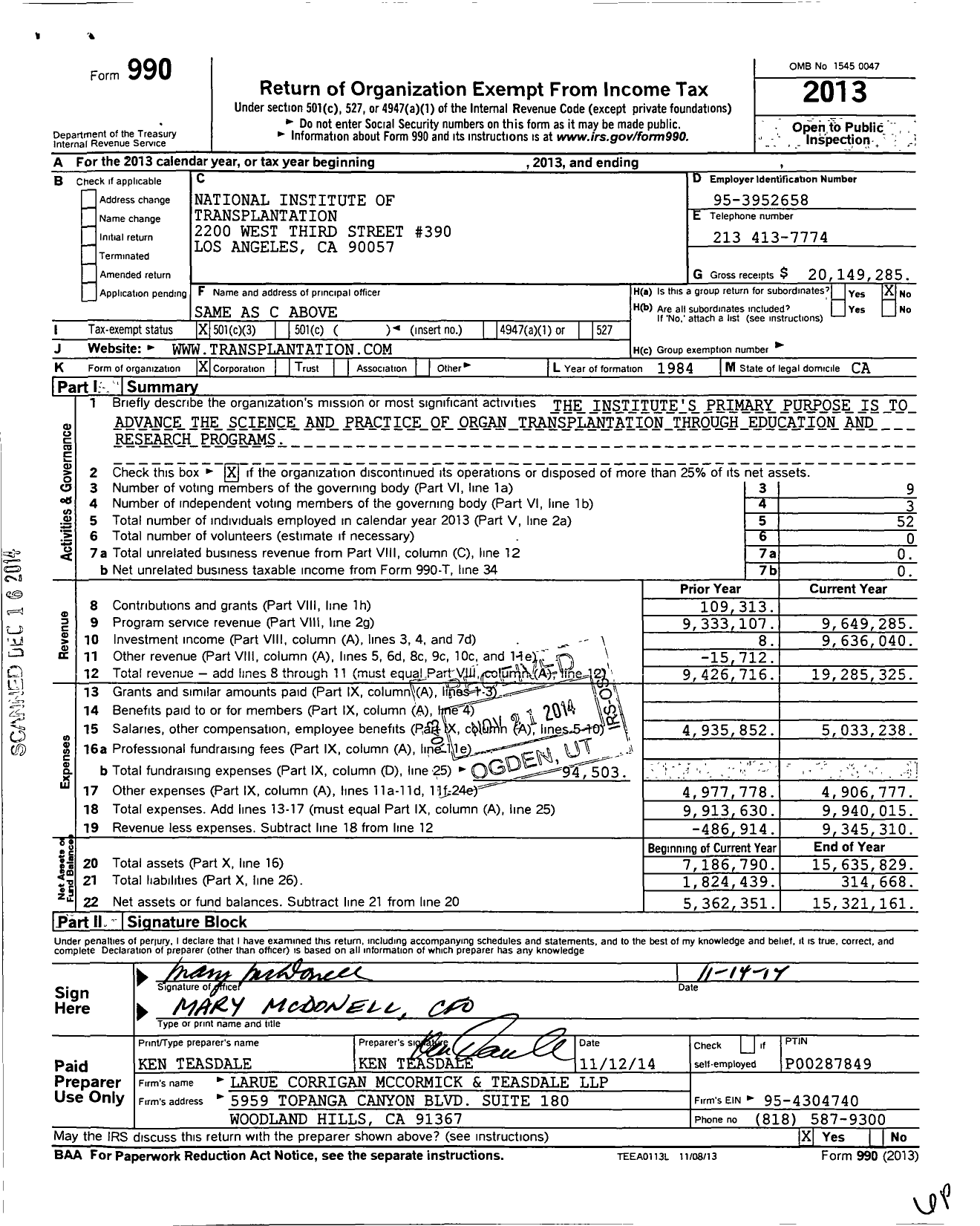 Image of first page of 2013 Form 990 for National Institute of Transplantation