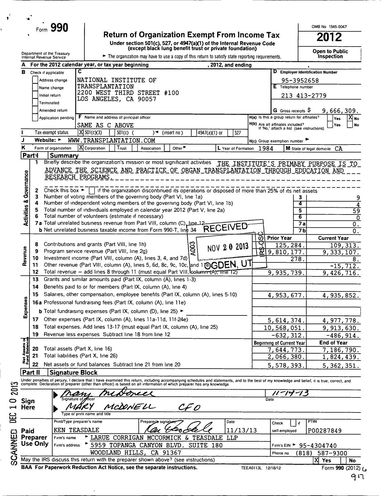 Image of first page of 2012 Form 990 for National Institute of Transplantation