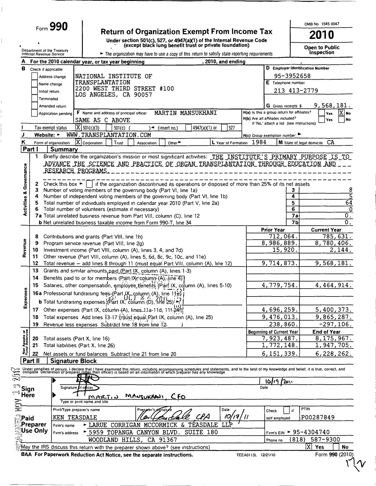 Image of first page of 2010 Form 990 for National Institute of Transplantation