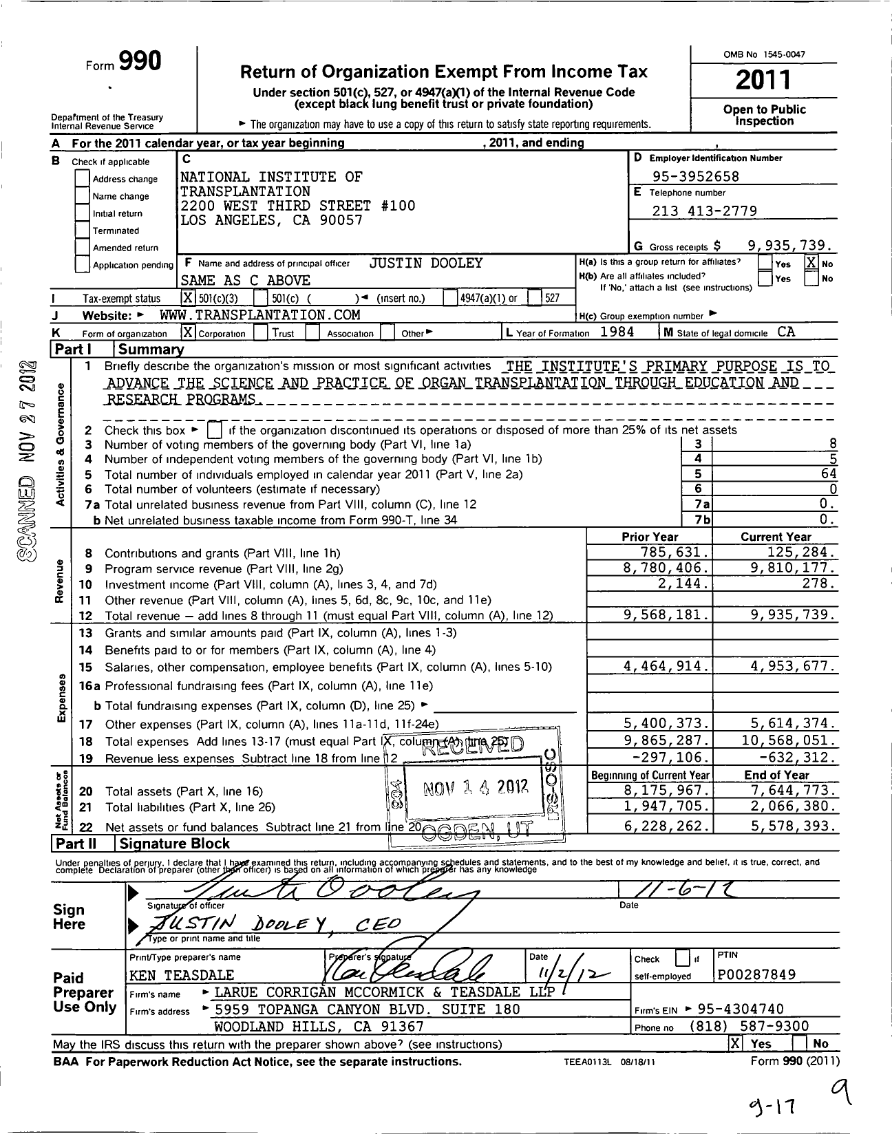 Image of first page of 2011 Form 990 for National Institute of Transplantation