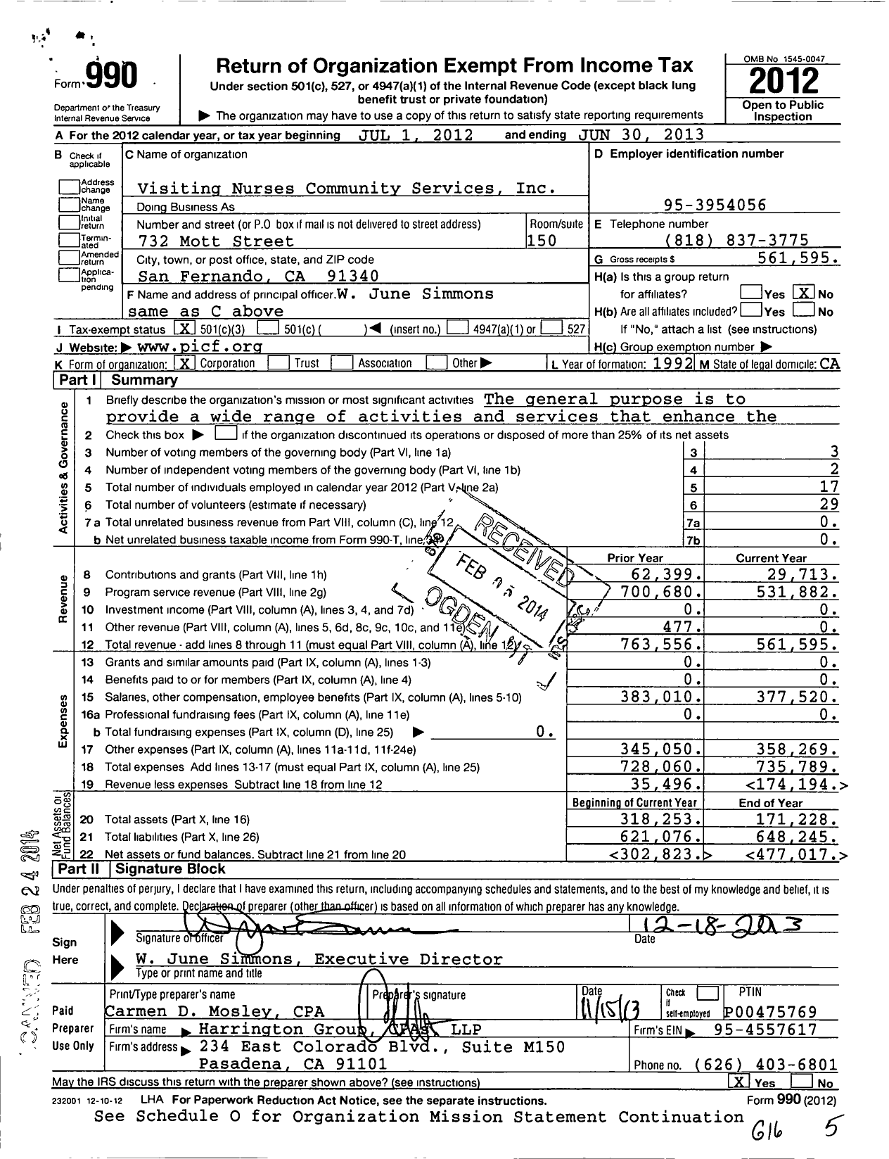 Image of first page of 2012 Form 990 for Visiting Nurse Community Services