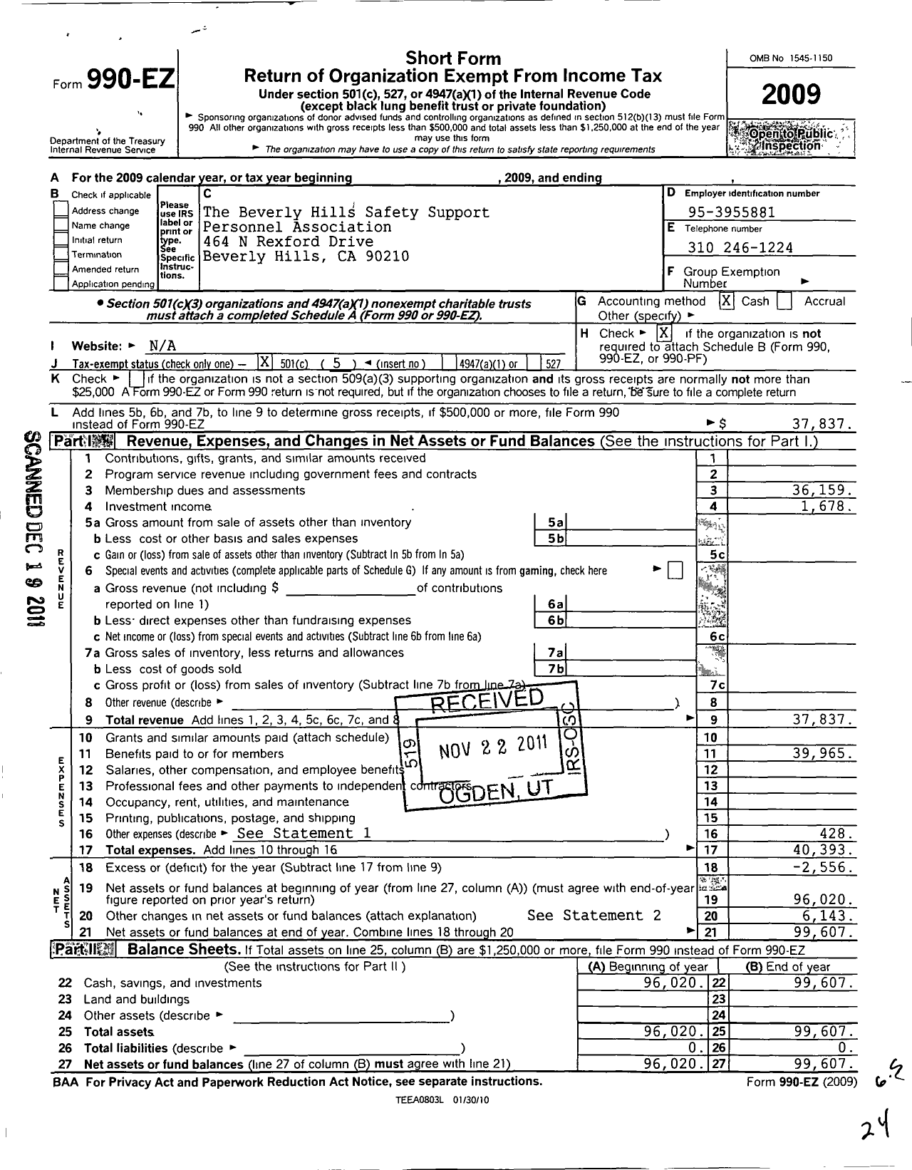 Image of first page of 2009 Form 990EO for Beverly Hills Safety Support Personnel Association
