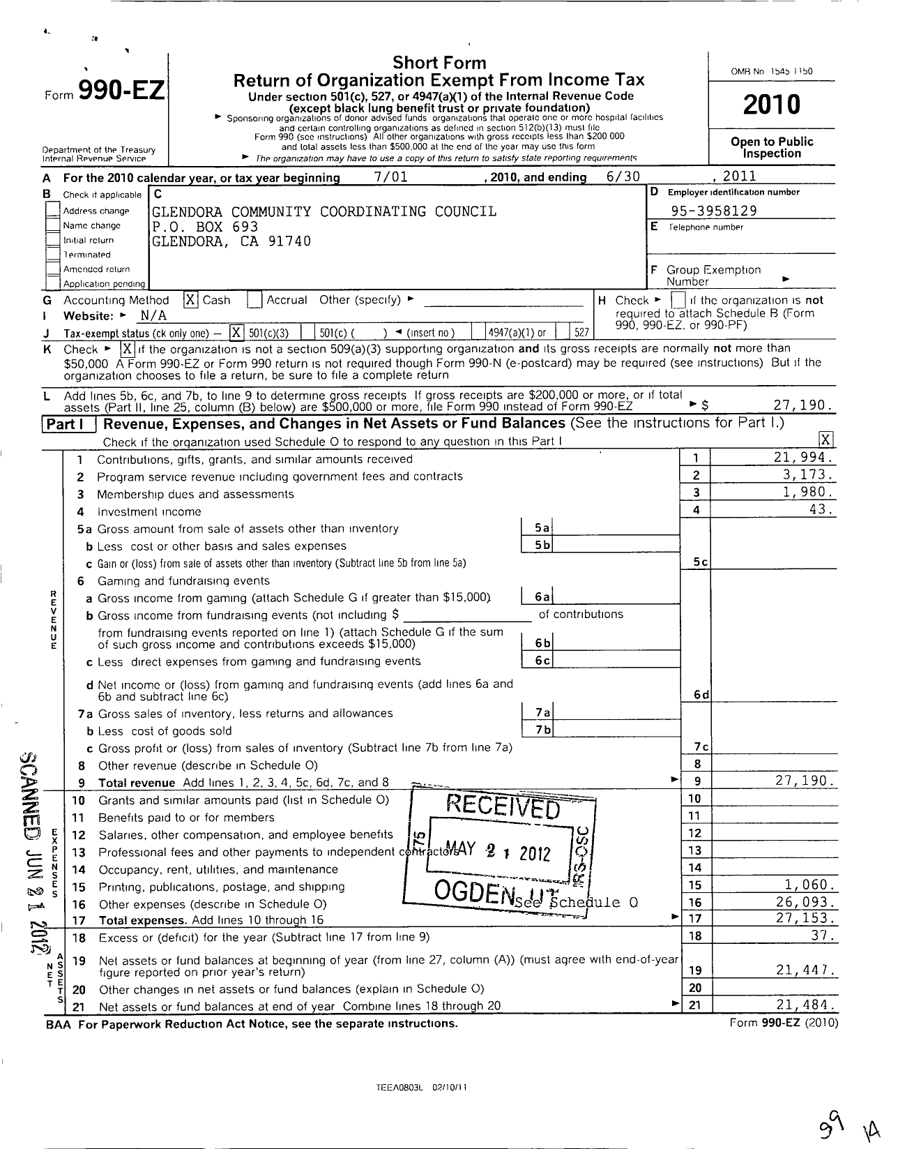 Image of first page of 2010 Form 990EZ for Glendora Community Coordinating Council