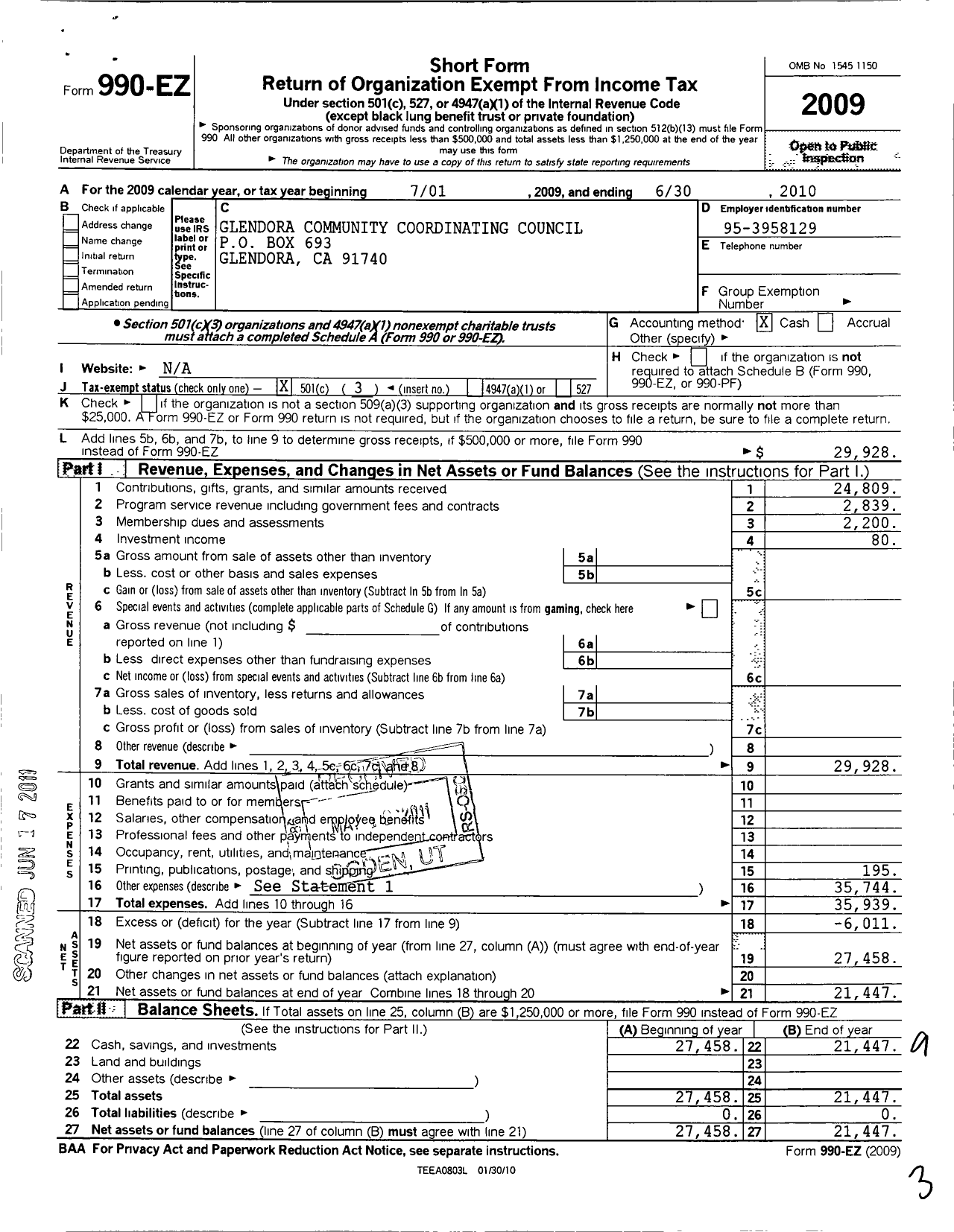 Image of first page of 2009 Form 990EZ for Glendora Community Coordinating Council