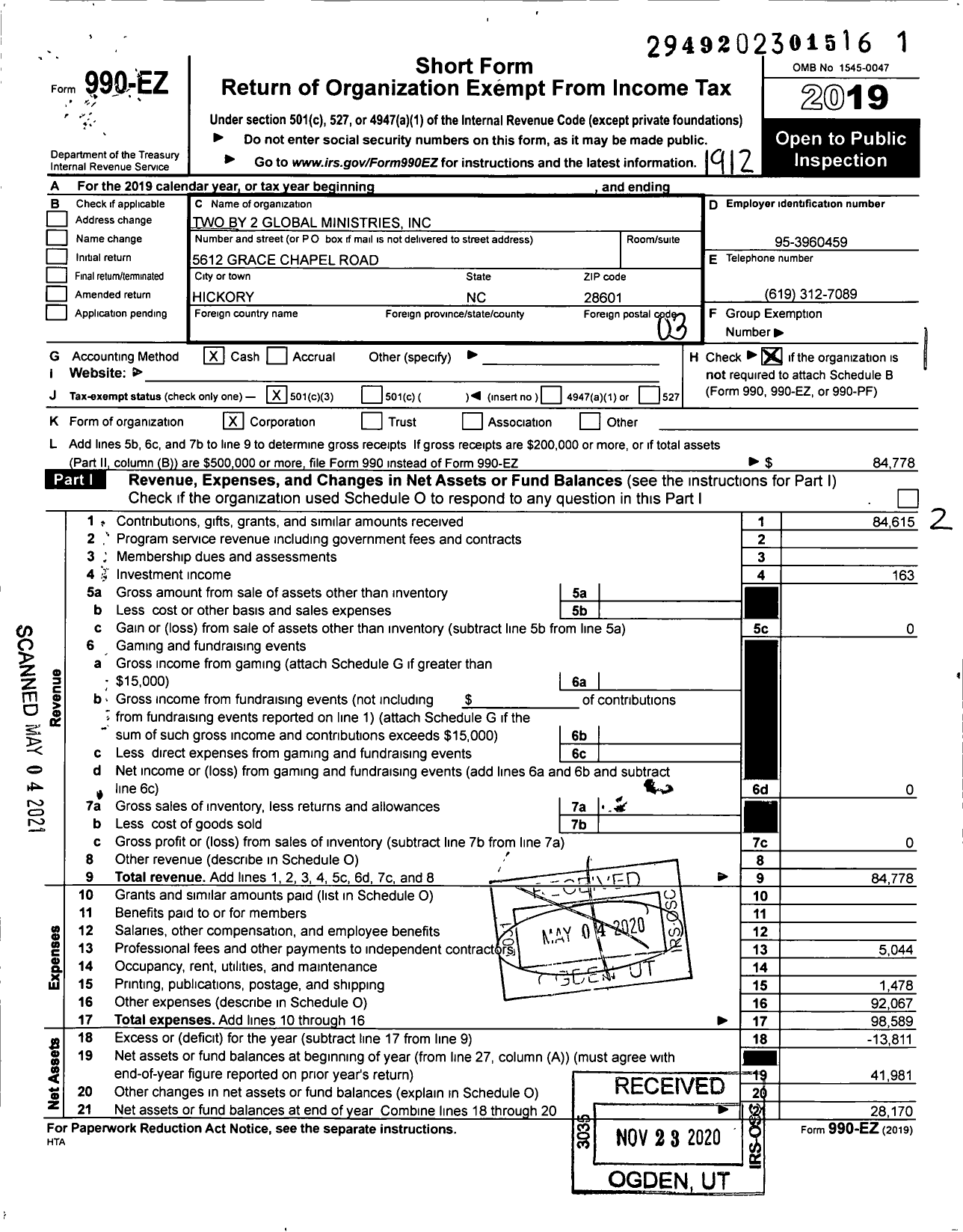 Image of first page of 2019 Form 990EZ for Two By 2 Global Ministries