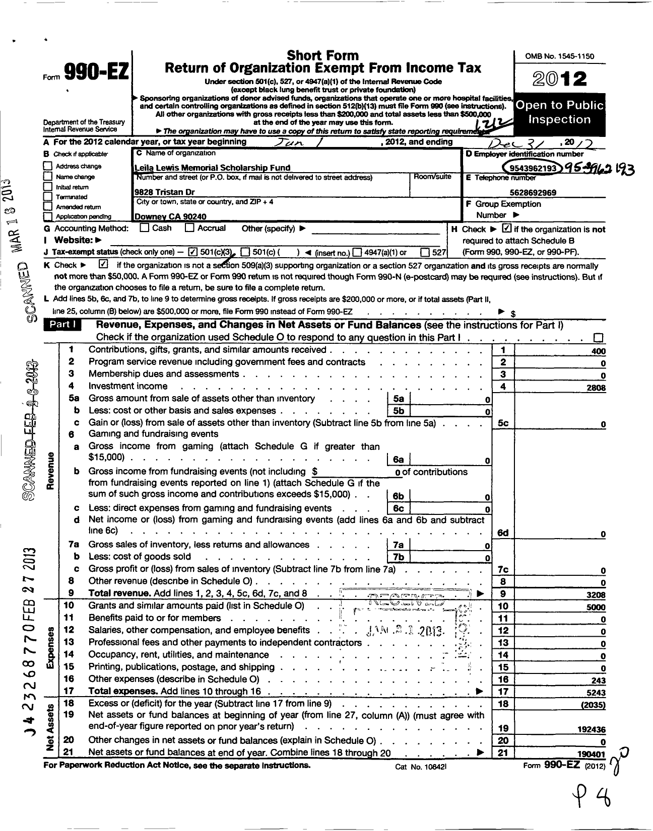 Image of first page of 2012 Form 990EZ for Leila Lewis Memorial Scholarship Fund